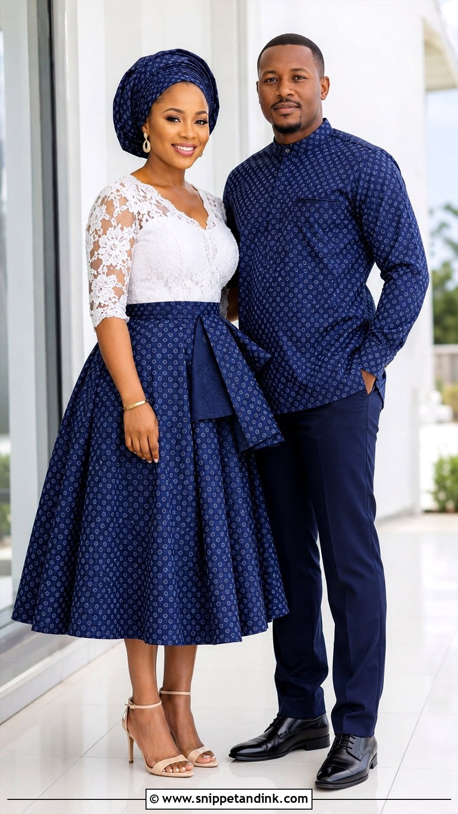 Lace And Shweshwe Couple Outfit - Snippet and Ink - 25 Lobola Outfits for Couples