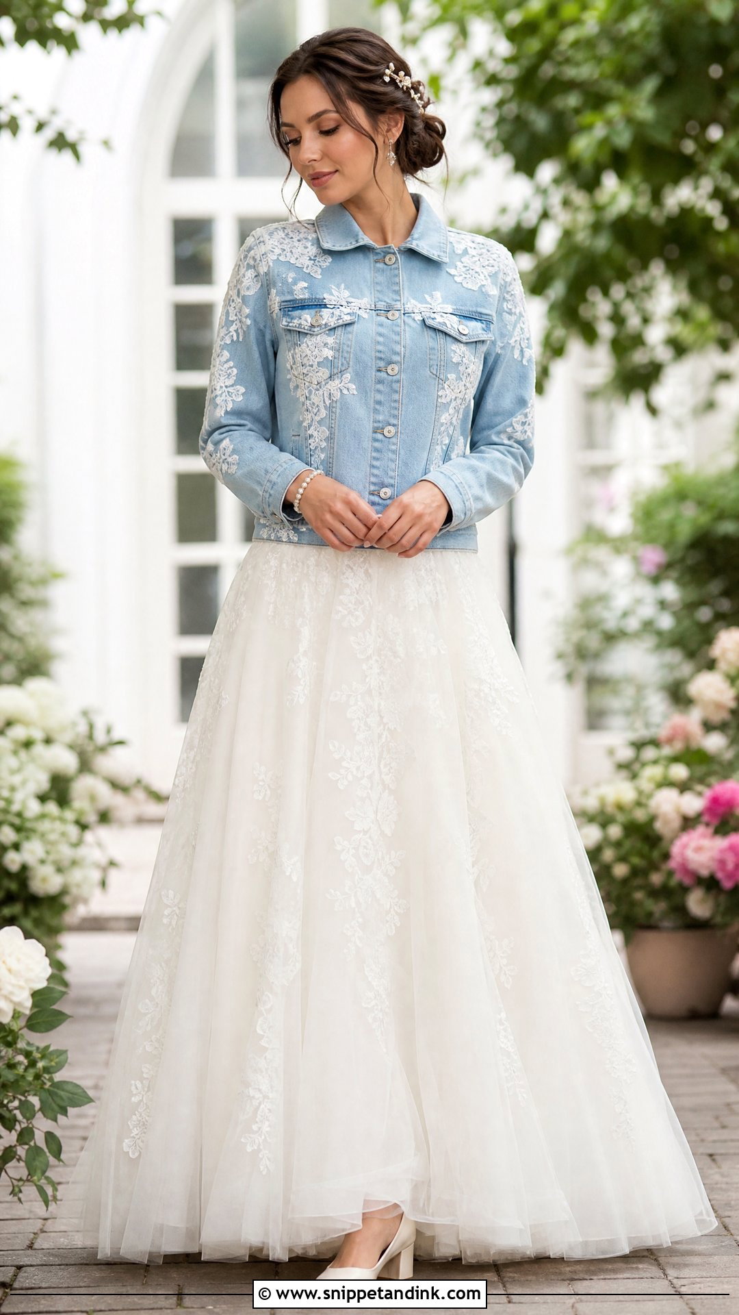Lace Applique Bride Denim Jacket With A Line Dress - Snippet and Ink - 20 Bride Denim Jacket Ideas