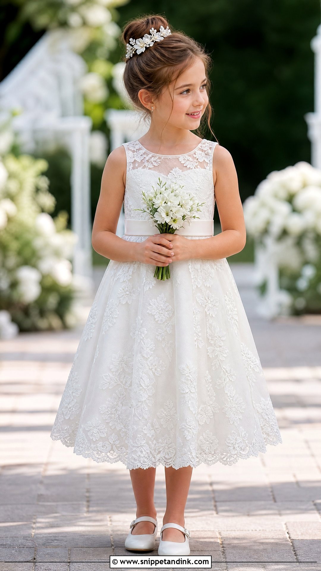 Lace Applique Little Bride A Line Gown - Snippet and Ink - 25 Little Bride Gown Styles for Kids