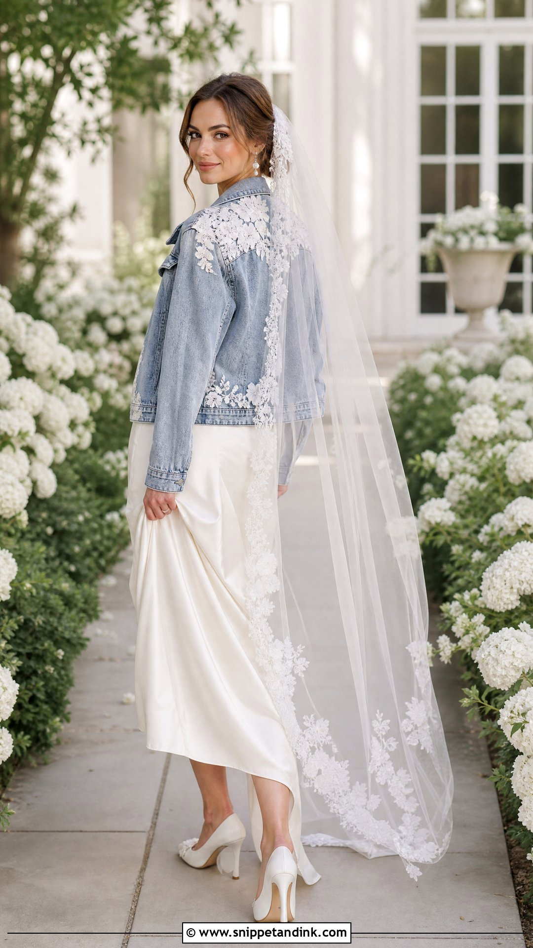 Lace Applique Wedding Jean Jacket With Satin Dress - Snippet and Ink - 20 Wedding Jean Jacket Ideas