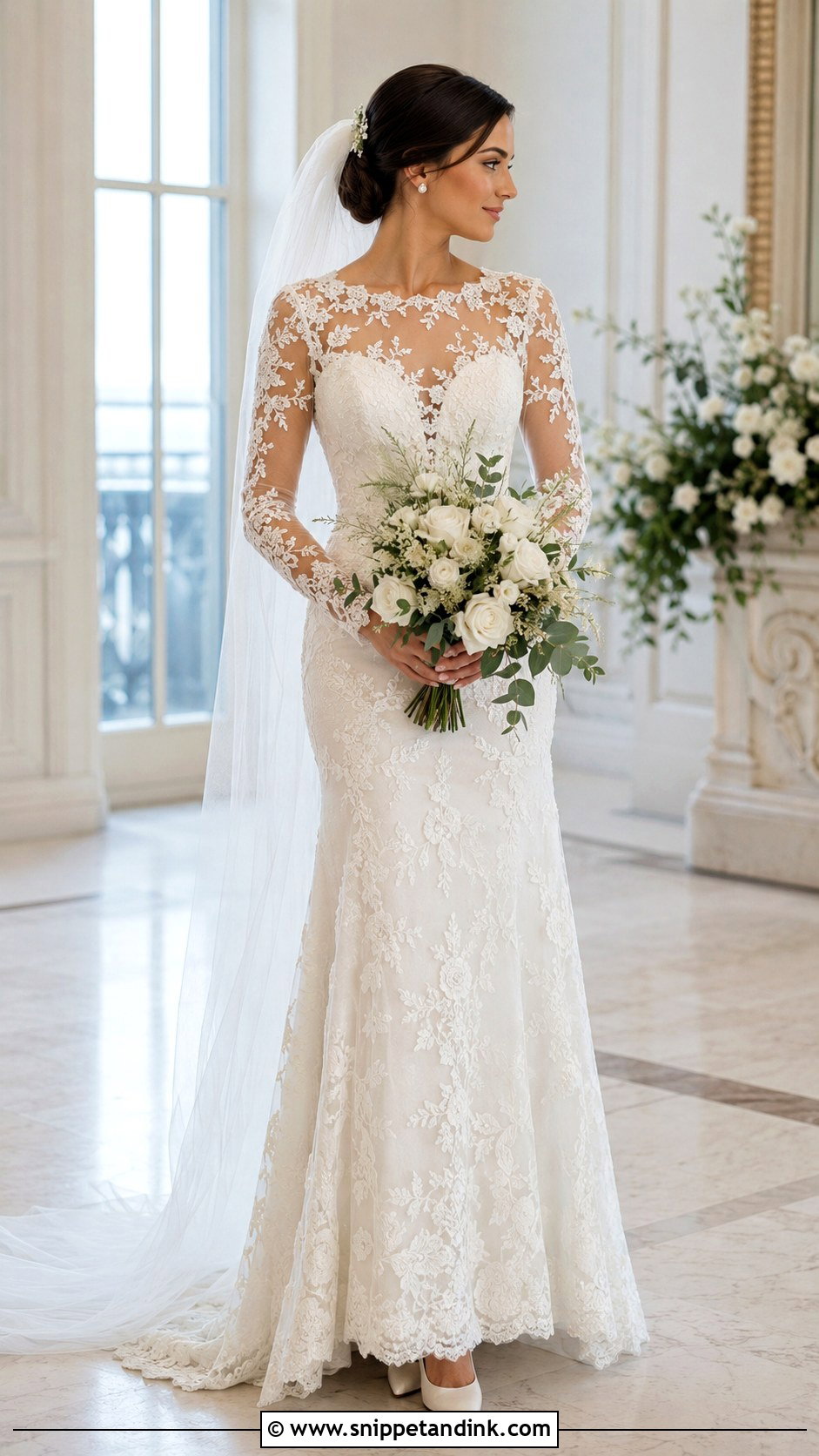Lace Appliqued Illusion Long Sleeve Wedding Dress - Snippet and Ink - 20 David’s Bridal Wedding Dresses