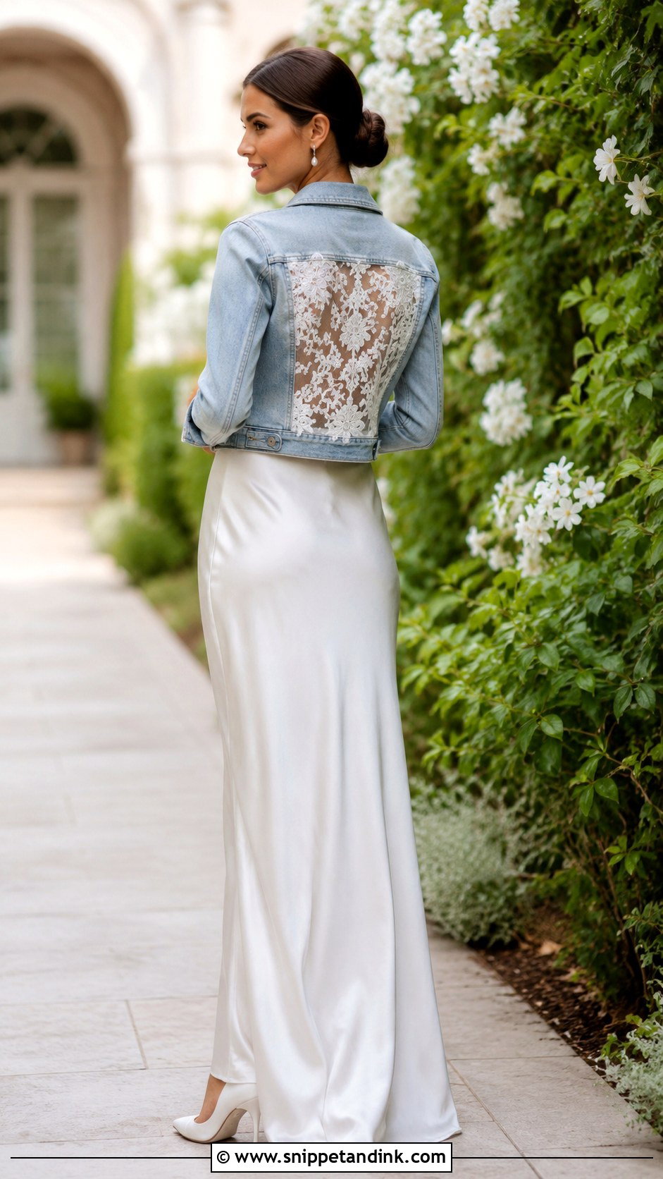 Lace Back Bridal Denim Jacket With Simple Gown - Snippet and Ink - 20 Bridal Denim Jacket Ideas
