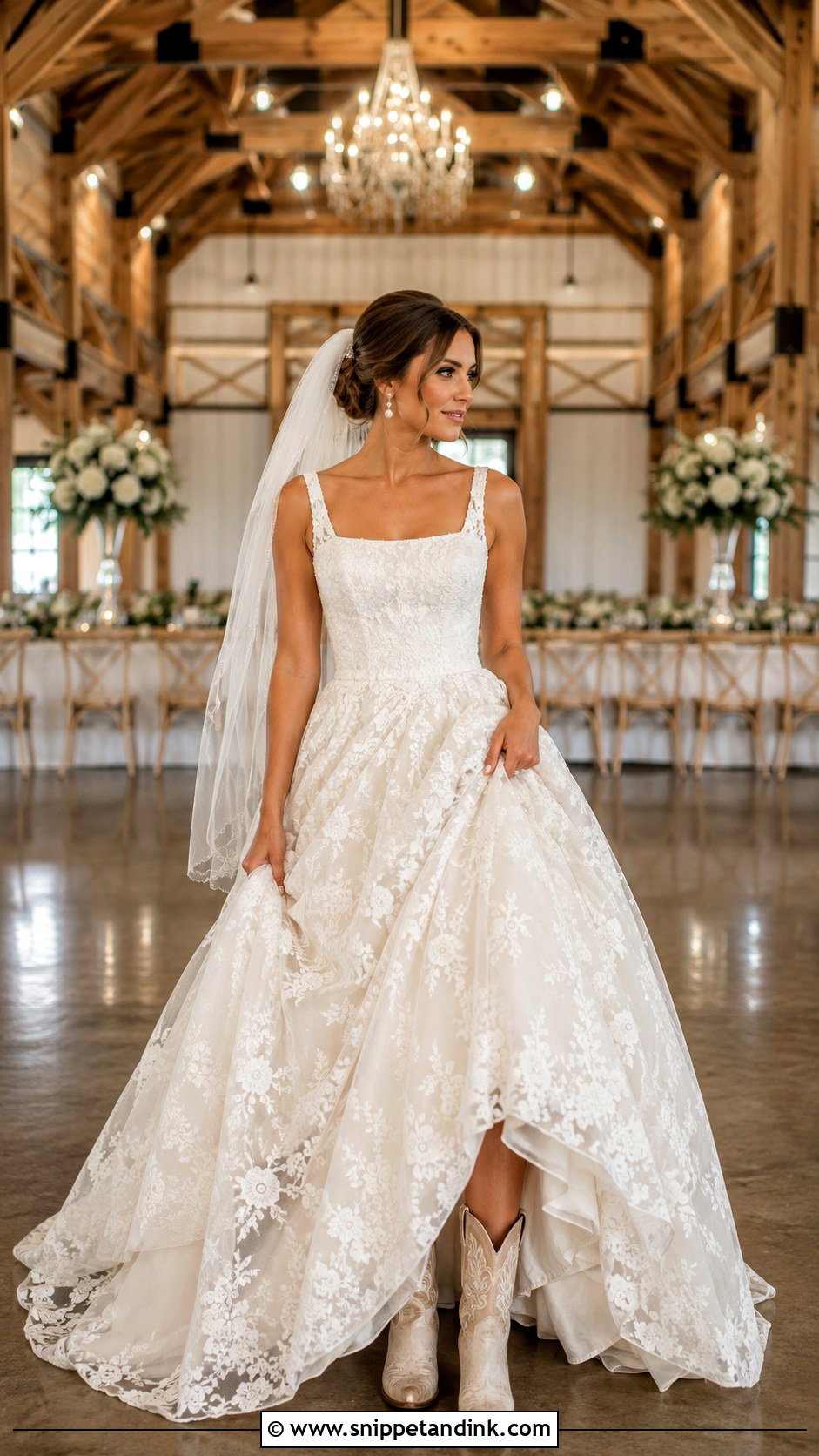 Lace Ball Gown Country Wedding Gown With Bridal Boots - Snippet and Ink - 20 Country Wedding Gowns