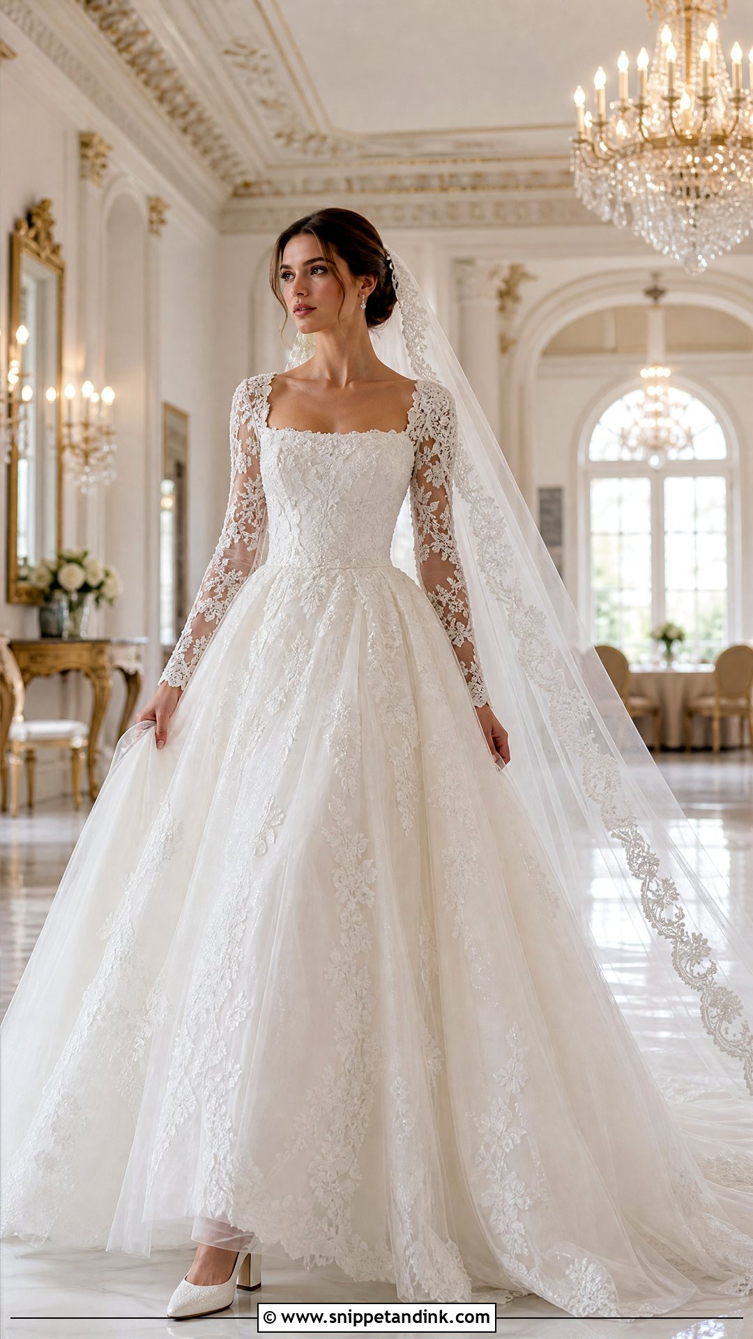 Lace Ball Gown Square Neck Long Sleeve Wedding Dress - Snippet and Ink - 20 Square Neck Long Sleeve Wedding Dress Ideas