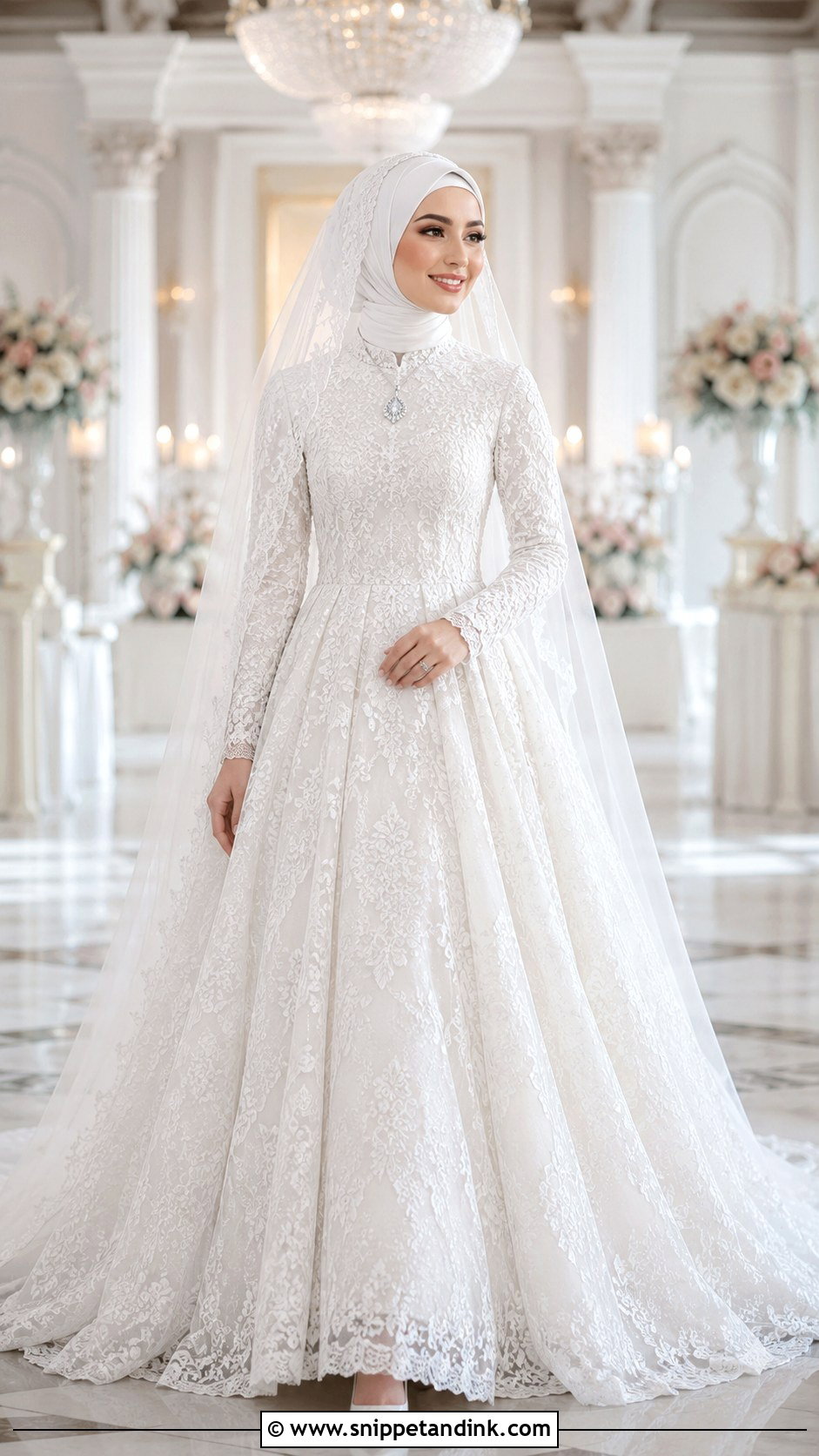Lace Ball Gown Wedding Hijab Outfit - Snippet and Ink - 20 Hijab in Wedding Ideas