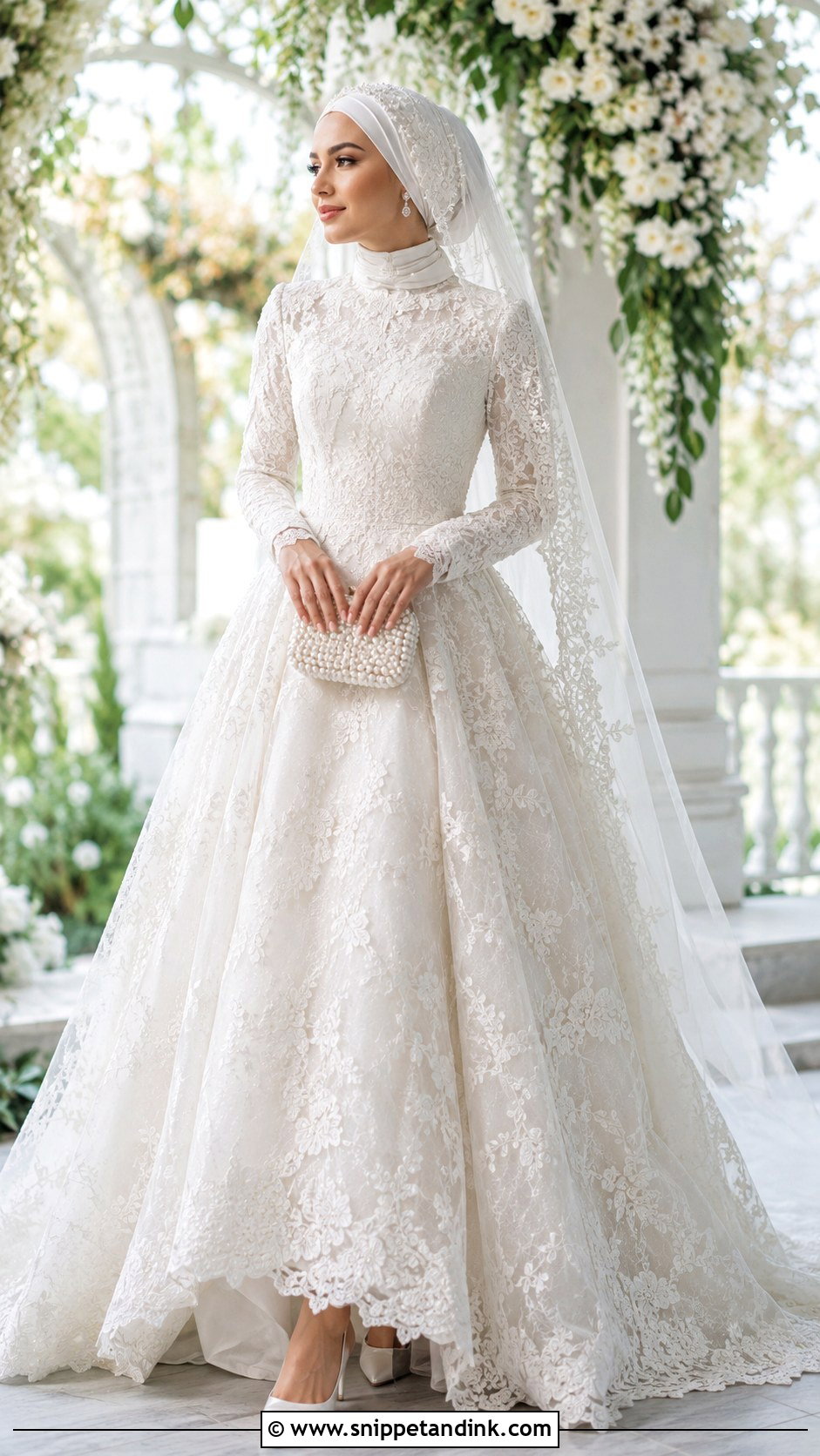 Lace Ball Gown With Pearl Bridal Hijab - Snippet and Ink - 20 Bridal with Hijab Ideas