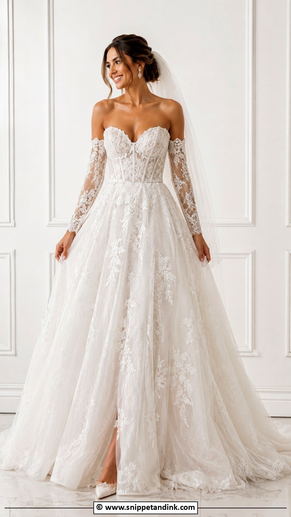 Lace Ballgown Wedding Dress With Detachable Sleeves - Snippet and Ink - 25 Lace Ballgown Wedding Dress Ideas