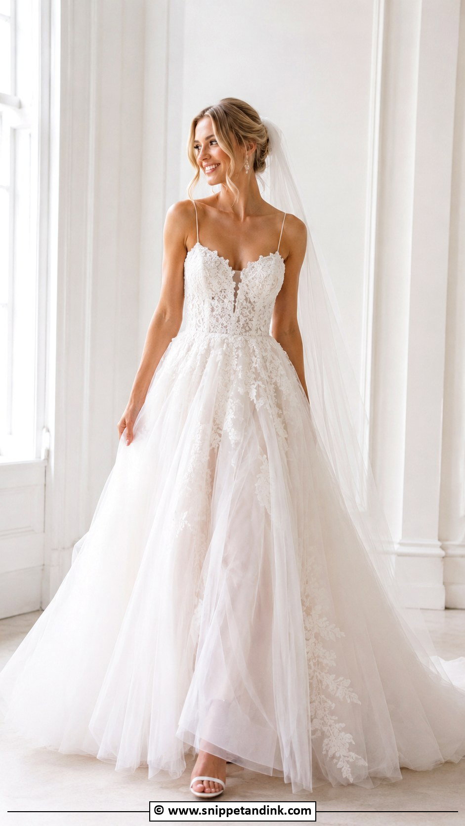 Lace Ballgown Wedding Dress With Spaghetti Straps - Snippet and Ink - 25 Lace Ballgown Wedding Dress Ideas