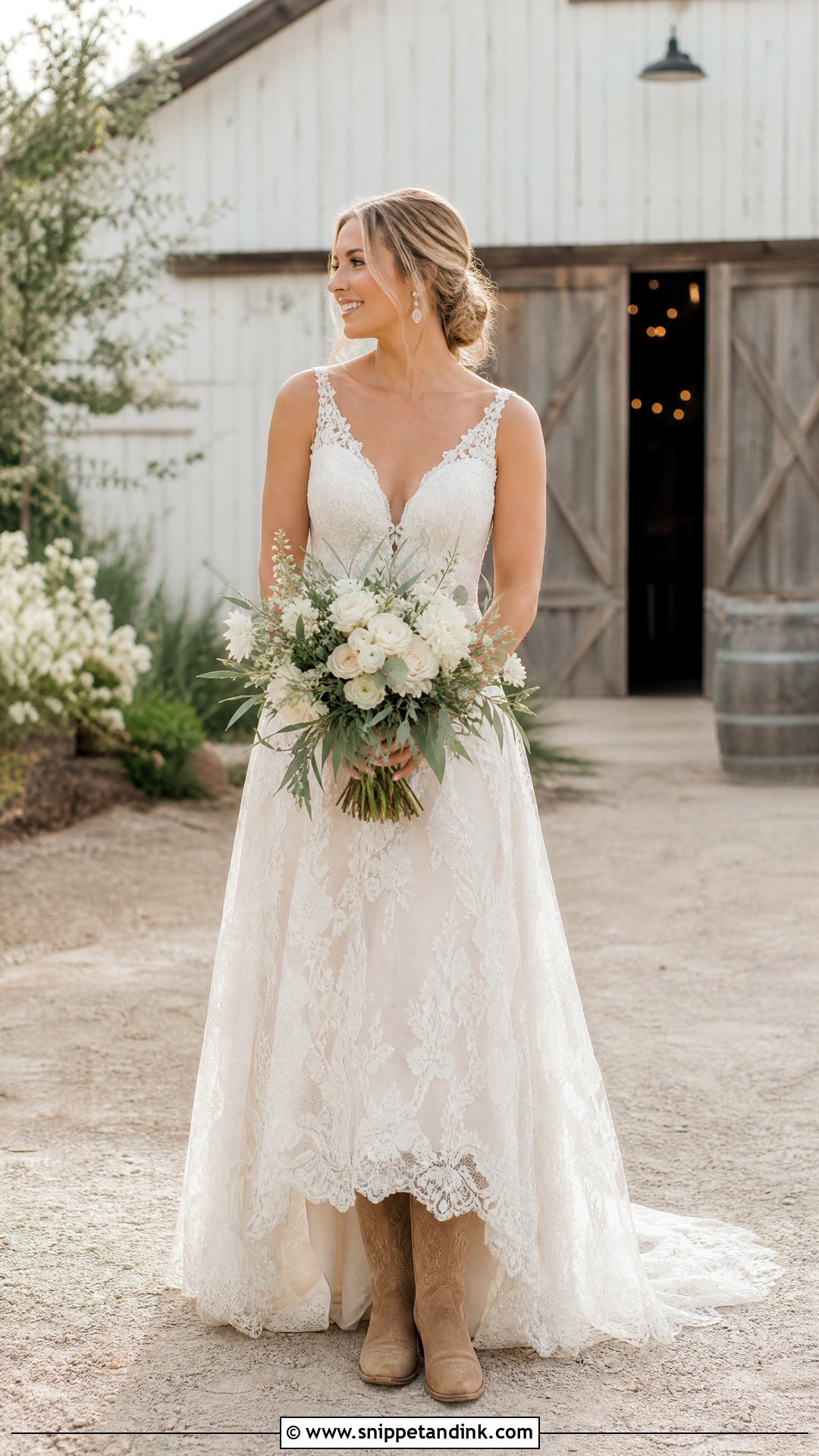 Lace Barn Wedding Dress With Cowboy Boots - Snippet and Ink - 25 Barn Wedding Dresses