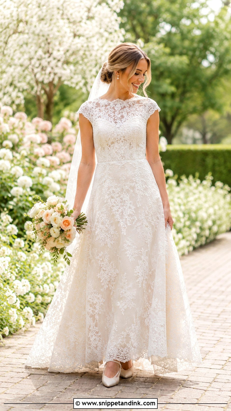 Lace Bateau Neckline Wedding Dress With Cap Sleeves - Snippet and Ink - 20 Bateau Neckline Wedding Dress Ideas