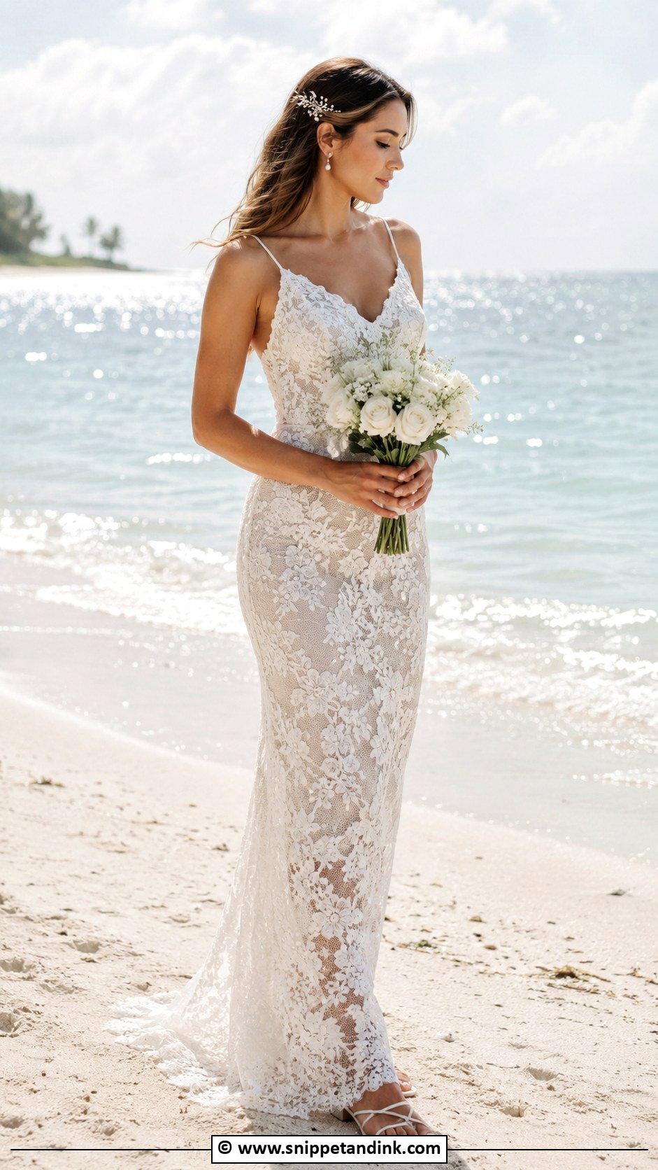 Lace Beach Bridal Dress With Flat Sandals - Snippet and Ink - 30 Beach Bridal Dresses