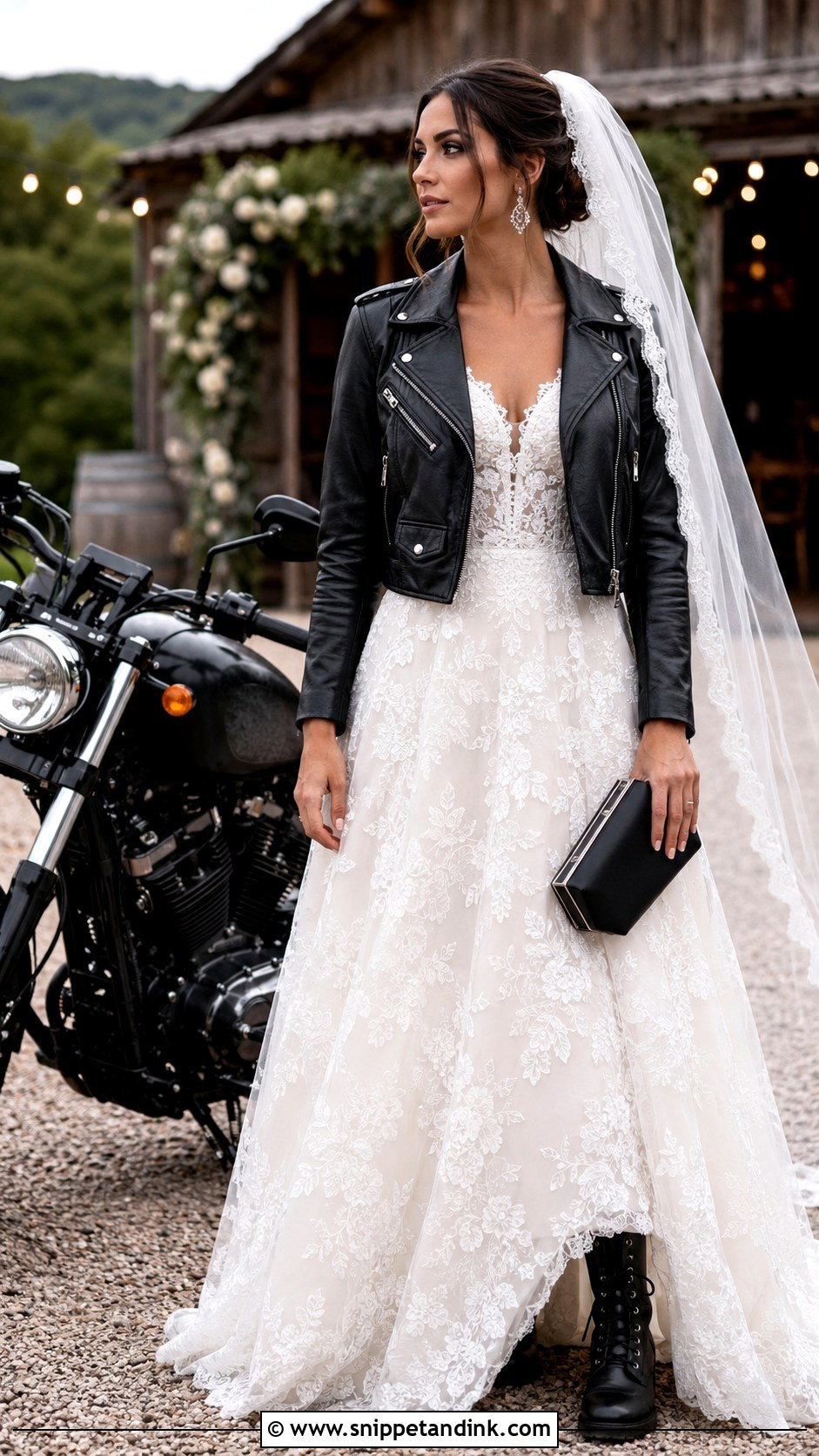 Lace Biker Wedding Dress With Black Leather Jacket - Snippet and Ink - 20 Biker Wedding Dress Ideas