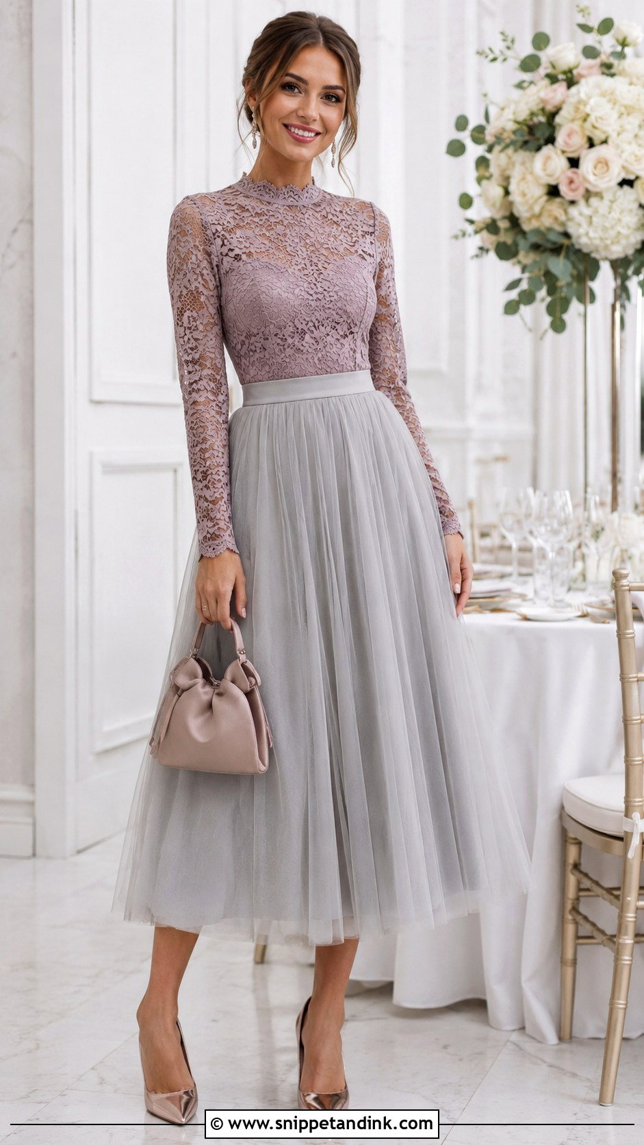 Lace Blouse And Tulle Midi Skirt Wedding Outfit - Snippet and Ink - 25 Blouse and Skirt Outfit Wedding Ideas