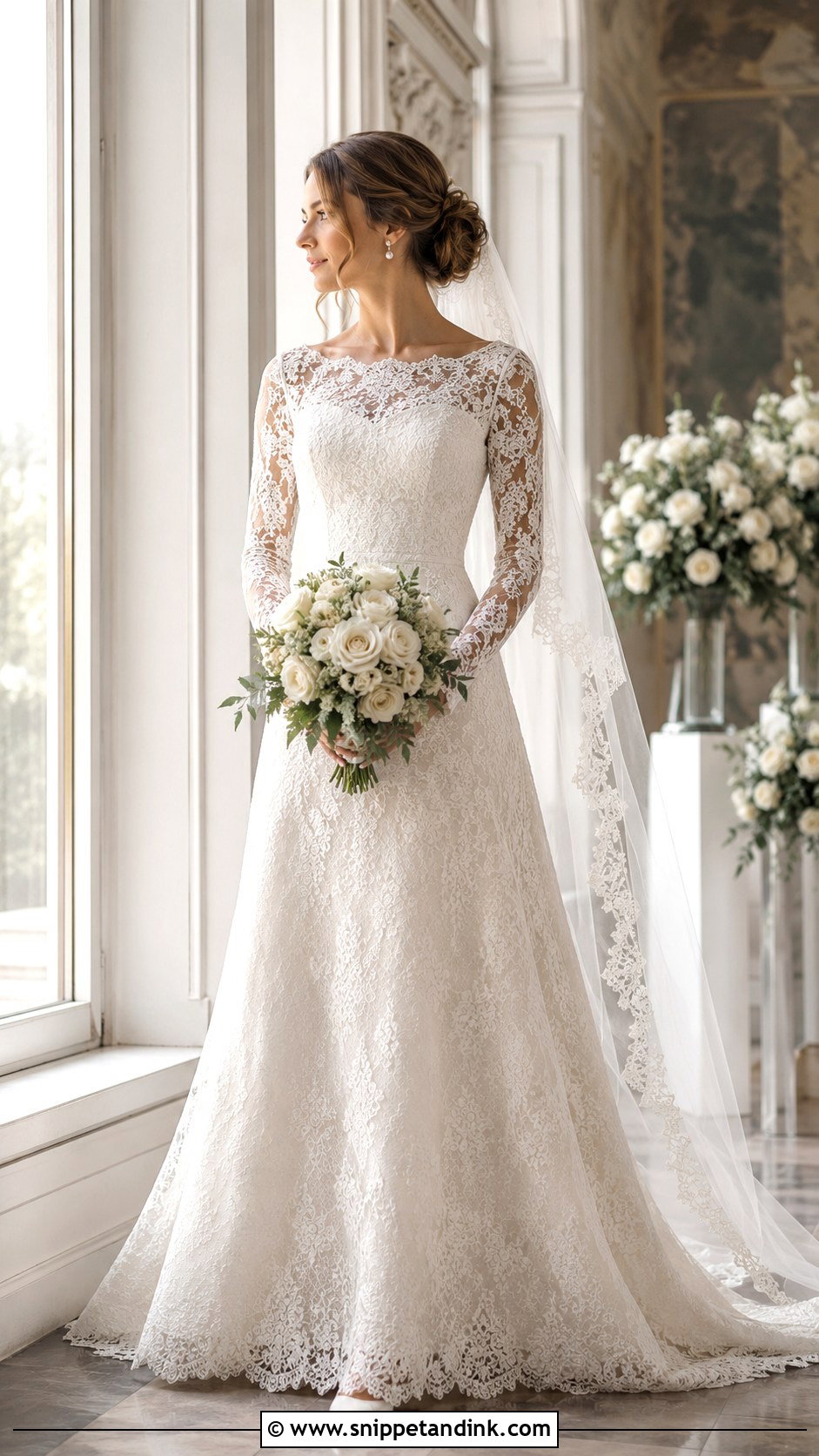 Lace Boat Neck Wedding Dress With Fitted Sleeves - Snippet and Ink - 20 Boat Neck Wedding Dress with Sleeves