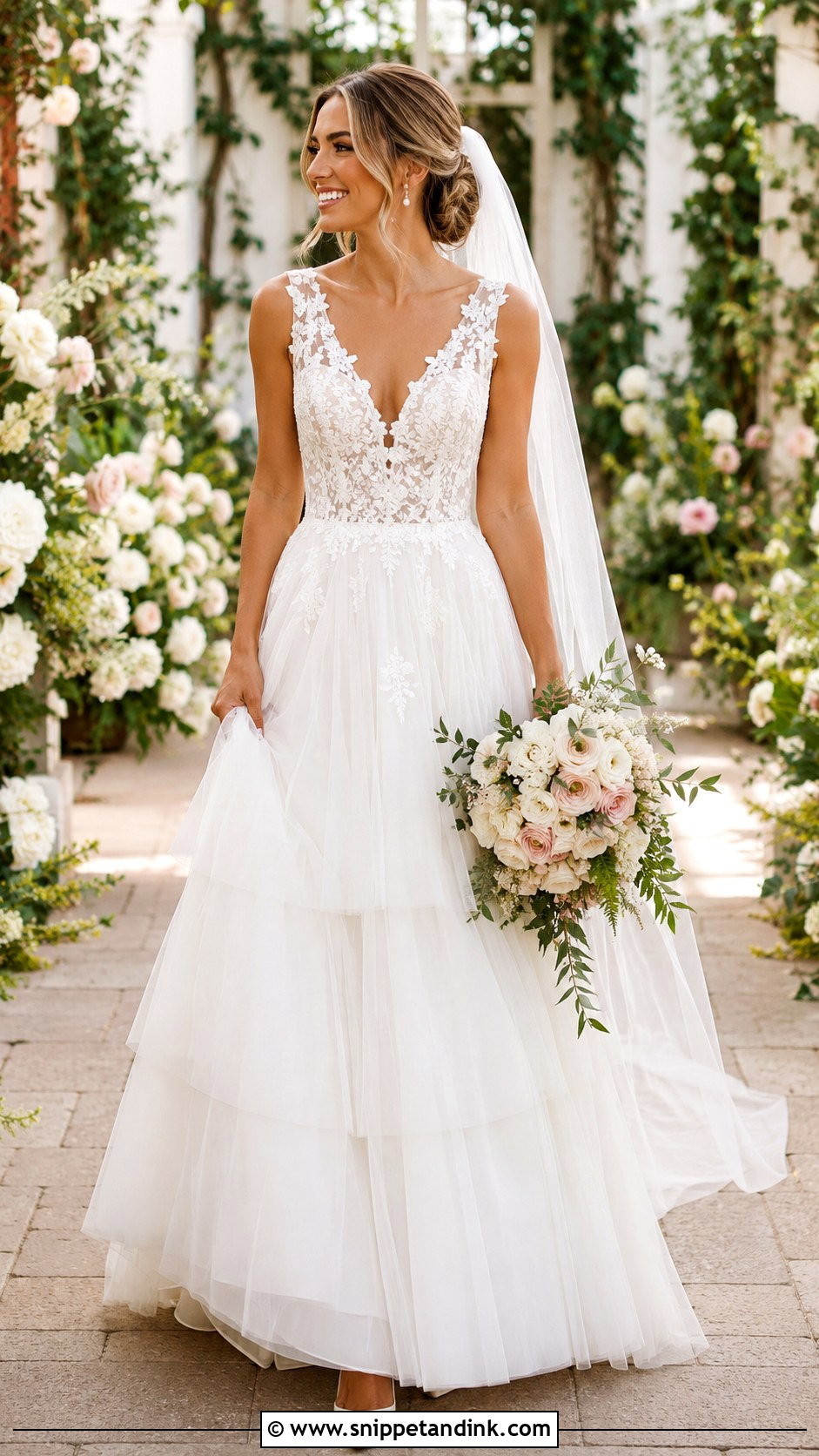 Lace Bodice A Line Layered Skirt Wedding Dress - Snippet and Ink - 20 Layered Skirt Wedding Dress Ideas