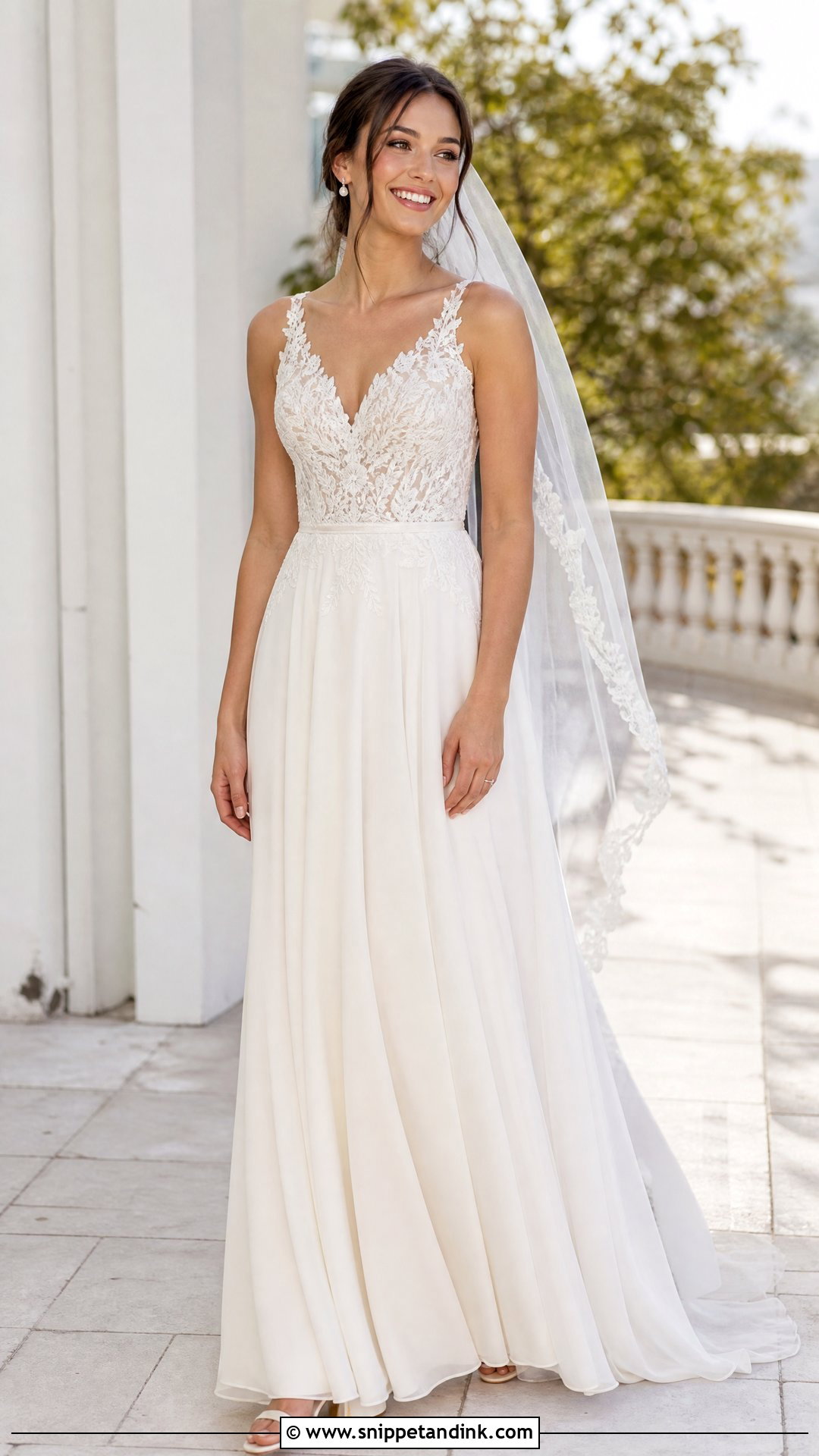 Lace Bodice Chiffon A Line Wedding Dress - Snippet and Ink - 20 Wedding Dresses for Inverted Triangle