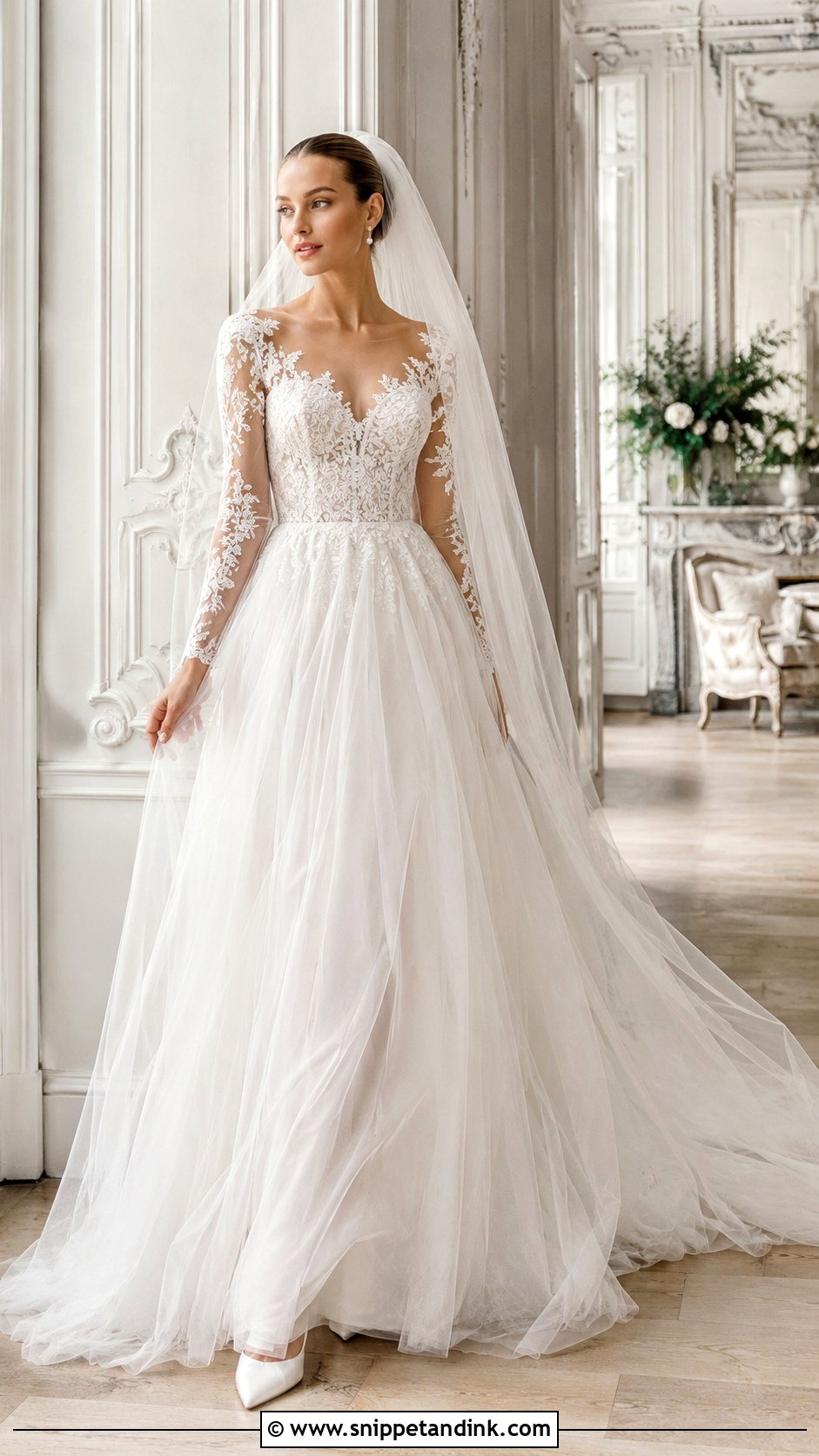 Lace Bodice Tulle Long Sleeve Wedding Dress - Snippet and Ink - 20 Long Sleeve Flowy Wedding Dress Ideas