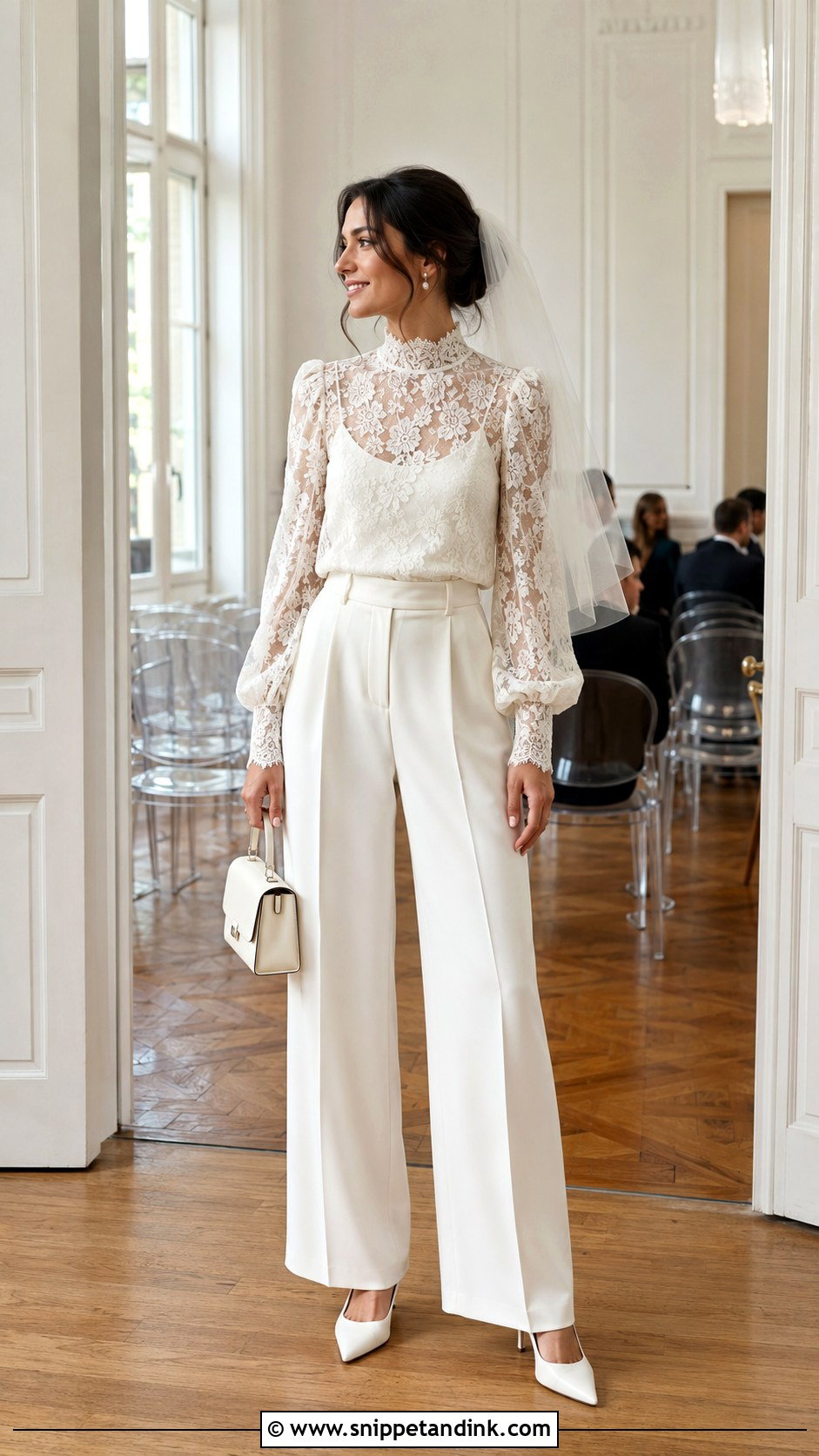 Lace Bridal Blouse With Tailored Trousers - Snippet and Ink - 20 Bridal Separates Tops Ideas