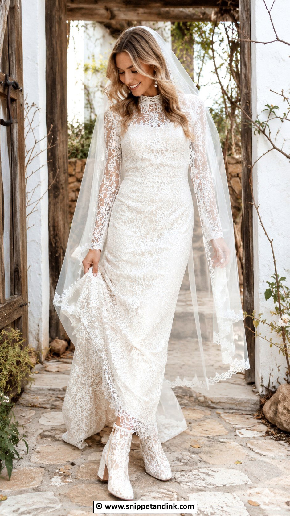 Lace Bridal Boots With A Long Sleeve Wedding Dress - Snippet and Ink - 30 Bridal Footwear Ideas