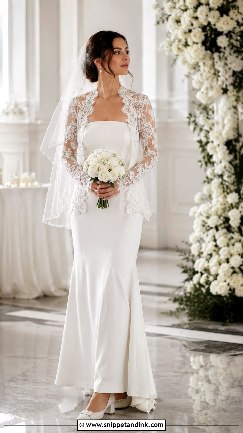Lace Bridal Cardigan With Strapless Wedding Dress - Snippet and Ink - 20 Bridal Cardigan Ideas
