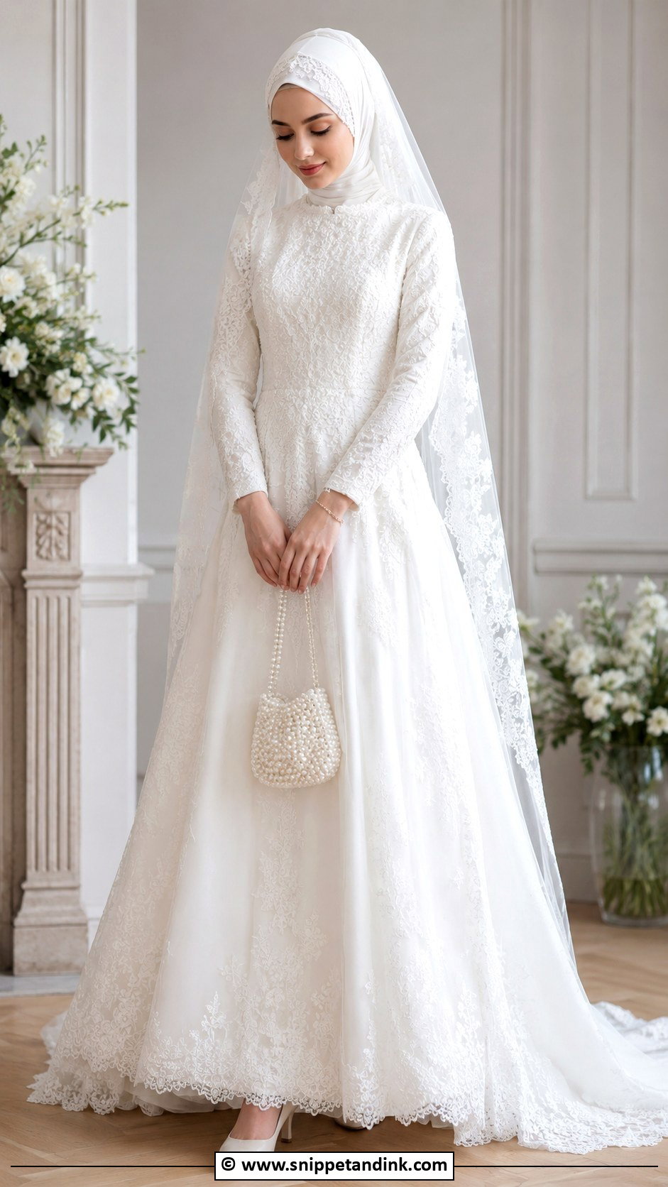 Lace Bridal Hijab With A Line Dress - Snippet and Ink - 30 Bridal Hijab Styles