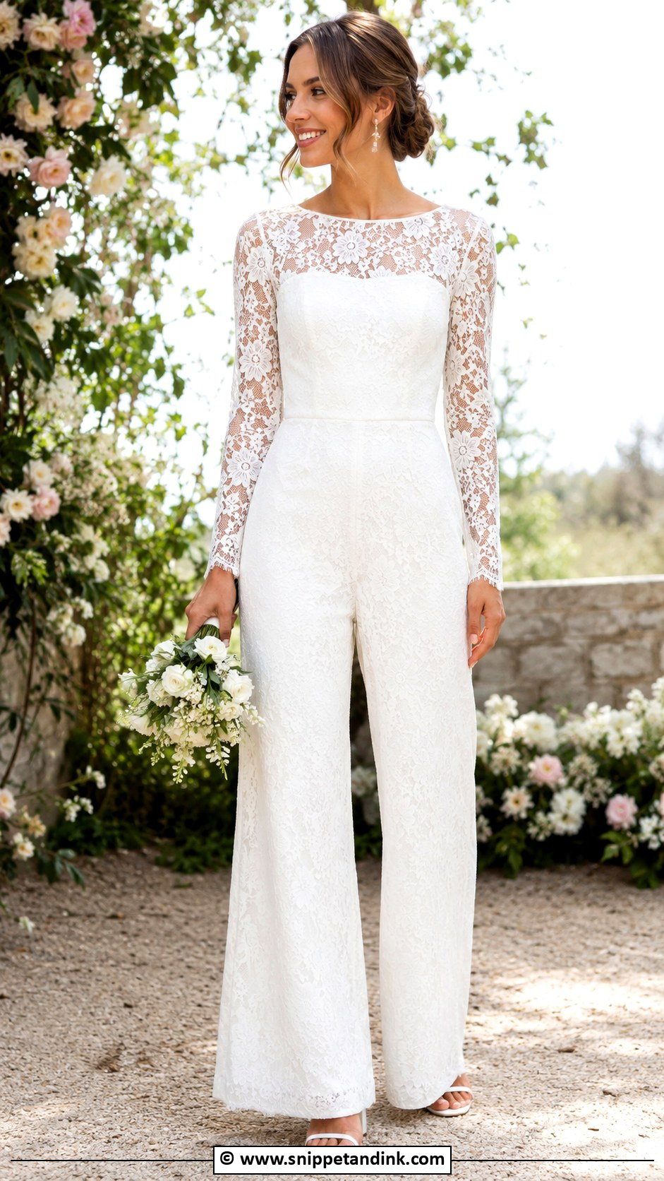 Lace Bridal Jumpsuit With Block Heel Sandals - Snippet and Ink - 30 Bridal Jumpsuit Ideas