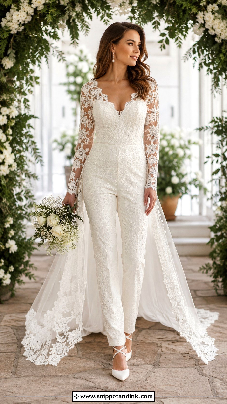 Lace Bridal Jumpsuit With Train - Snippet and Ink - 25 Bridal Jumpsuit with Train Ideas