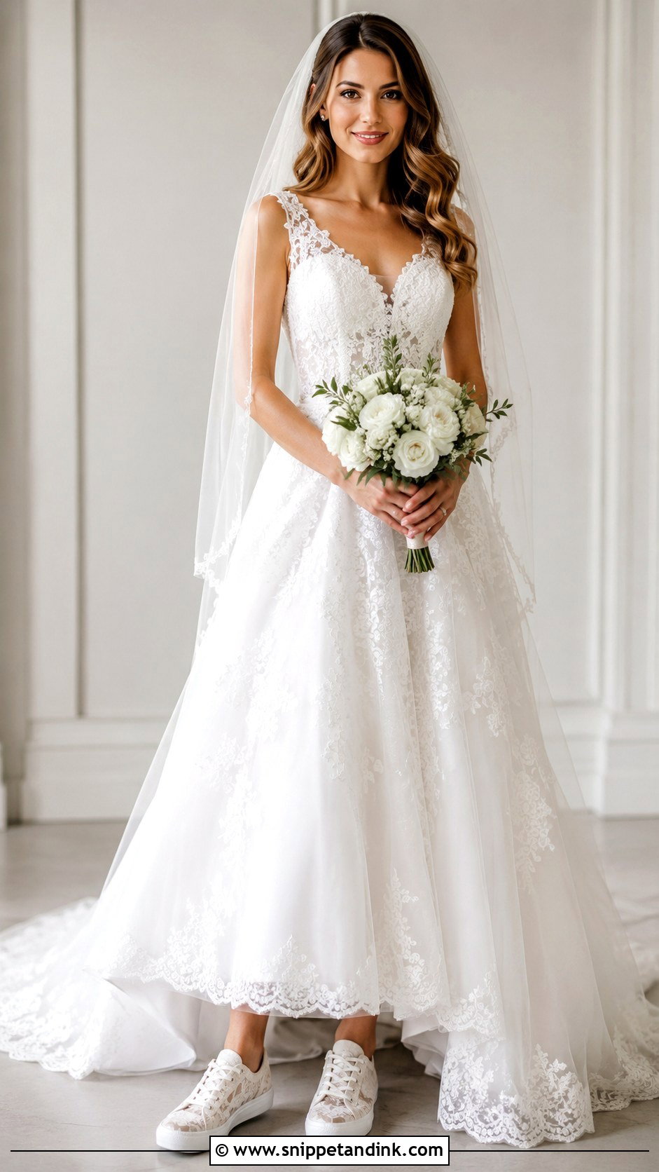 Lace Bride Sneakers With A Line Dress - Snippet and Ink - 25 Bride Sneakers Ideas