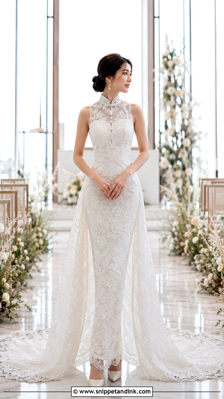 Lace Cheongsam Bridal Dress With Train - Snippet and Ink - 20 Chinese Bridal Dress Ideas