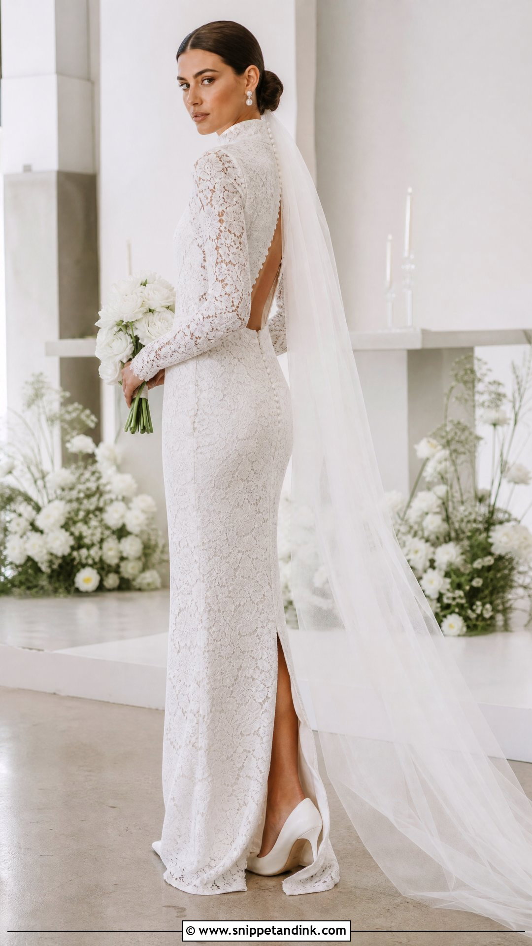 Lace Column Wedding Dress - Snippet and Ink - 20 Lily Collin’s Wedding Dress Ideas