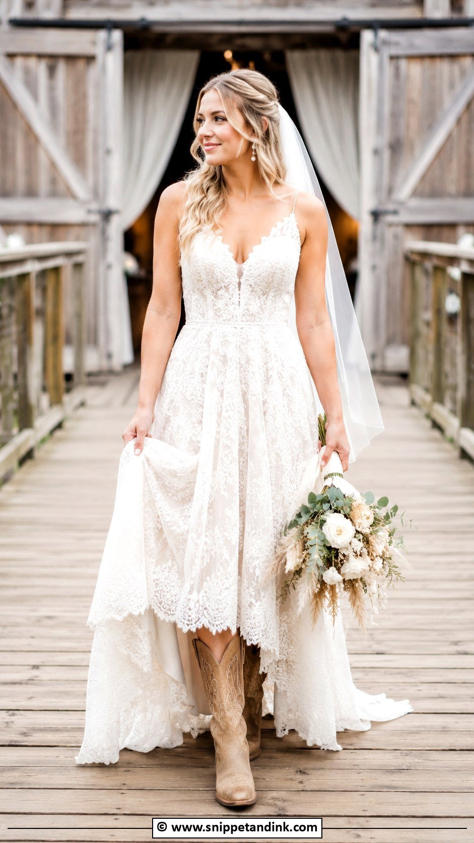 Lace Country Wedding Dress With Cowboy Boots - Snippet and Ink - 25 Country Wedding Dress Ideas