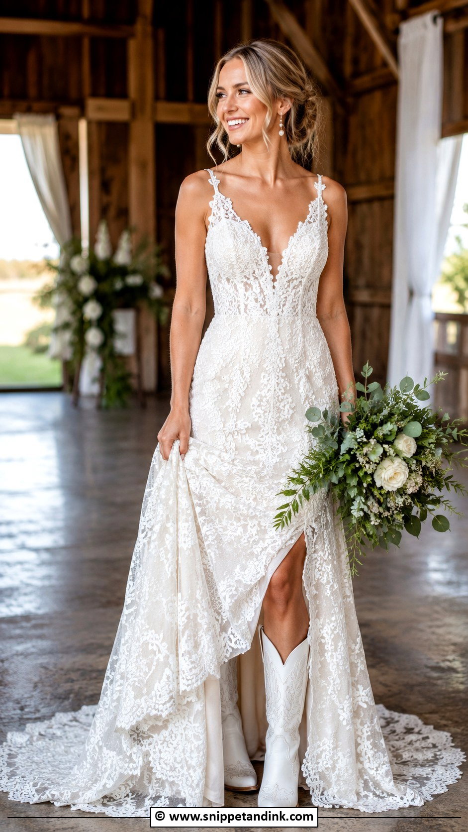 Lace Country Wedding Dress With Cowboy Boots - Snippet and Ink - 25 Country Chic Wedding Dresses