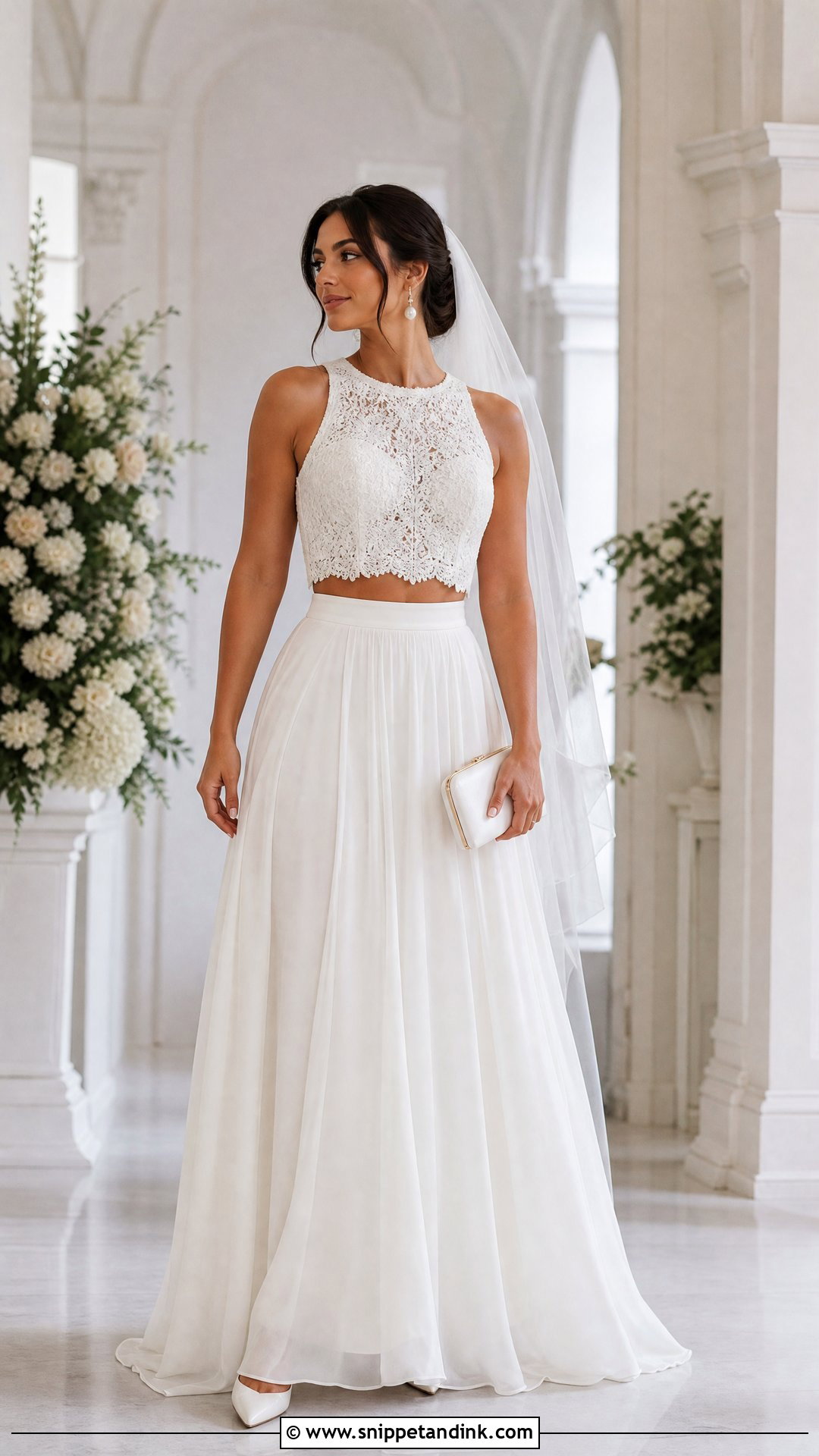 Lace Crop Top And A Line Bridal Skirt - Snippet and Ink - 20 Two Piece Bridal Outfit Ideas