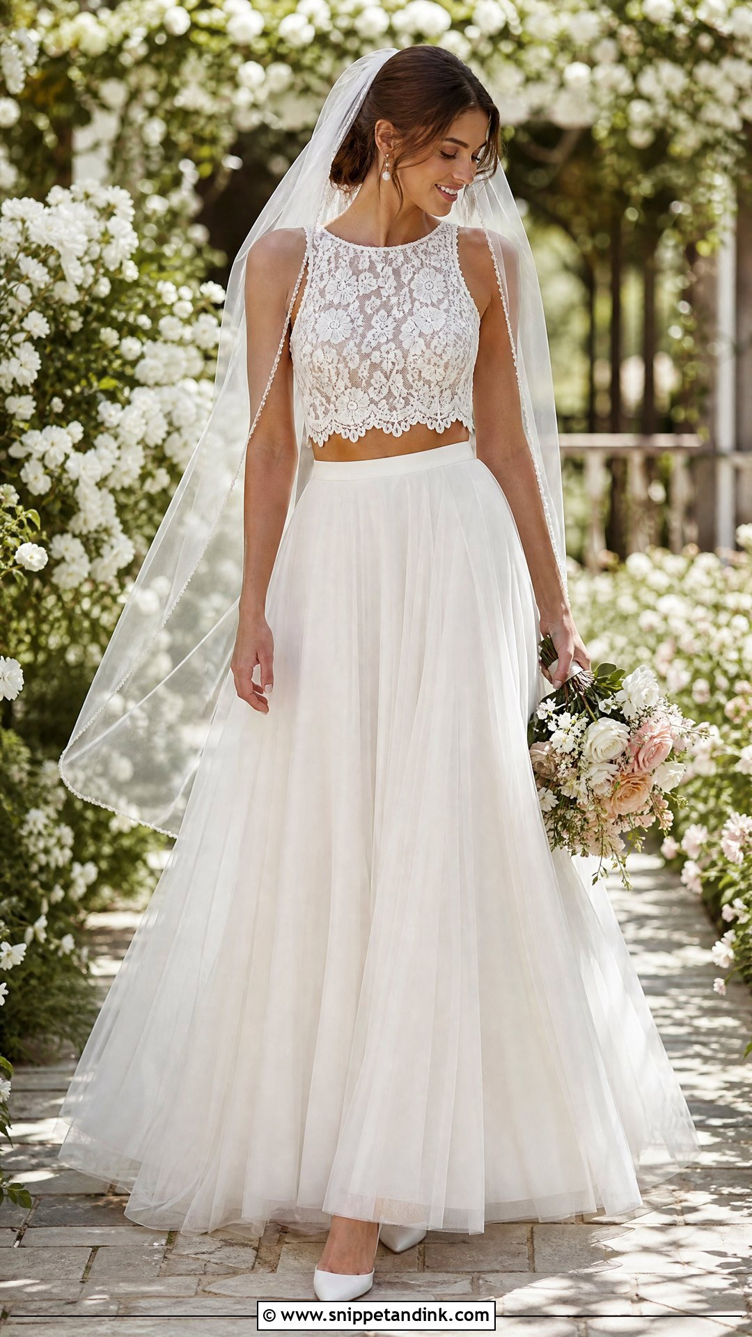 Lace Crop Top And A Line Wedding Skirt - Snippet and Ink - 20 Two Piece Wedding Dresses