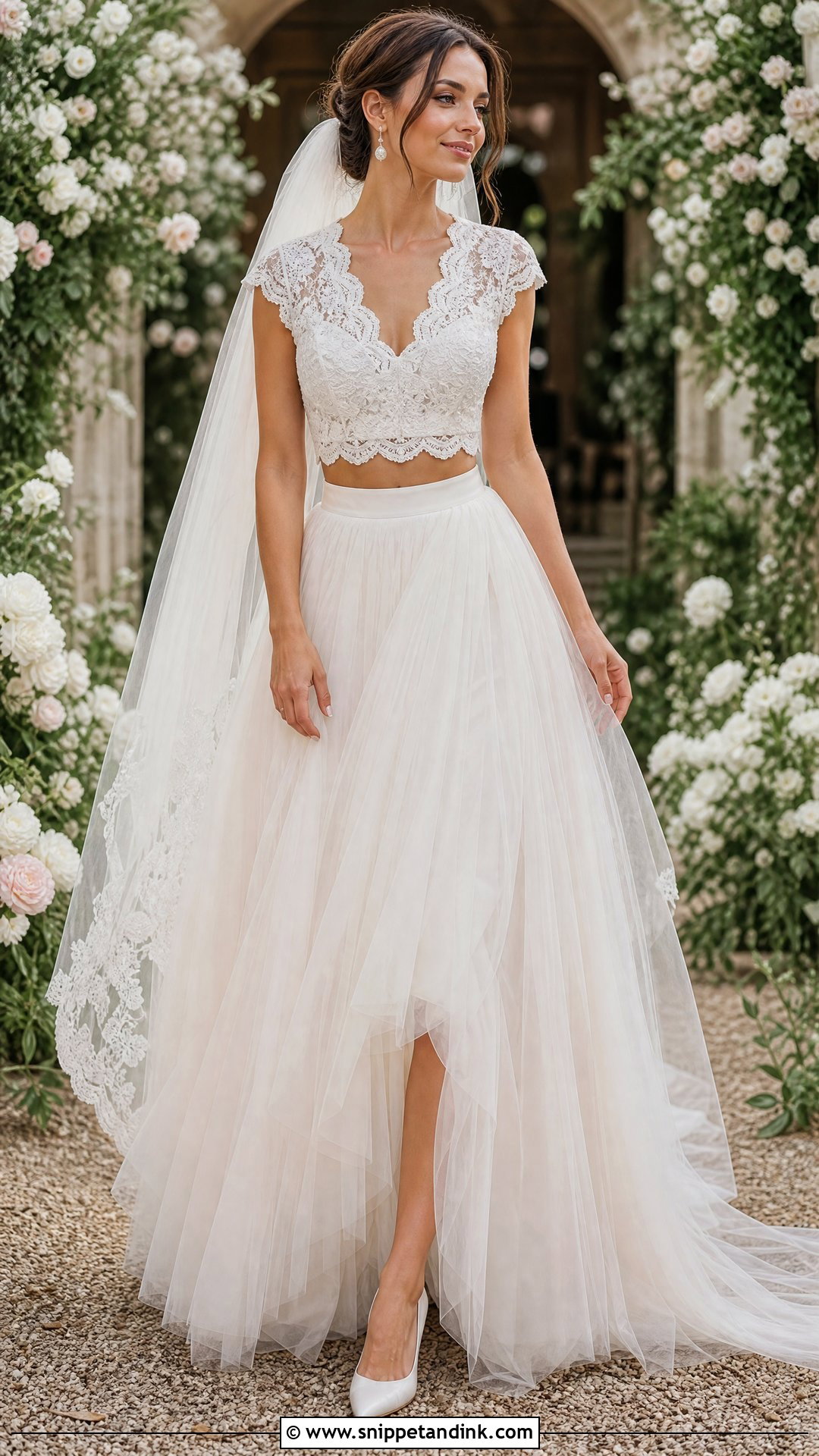 Lace Crop Top And Tulle Skirt Bridal Set - Snippet and Ink - 25 Bridal Two Piece Set Ideas