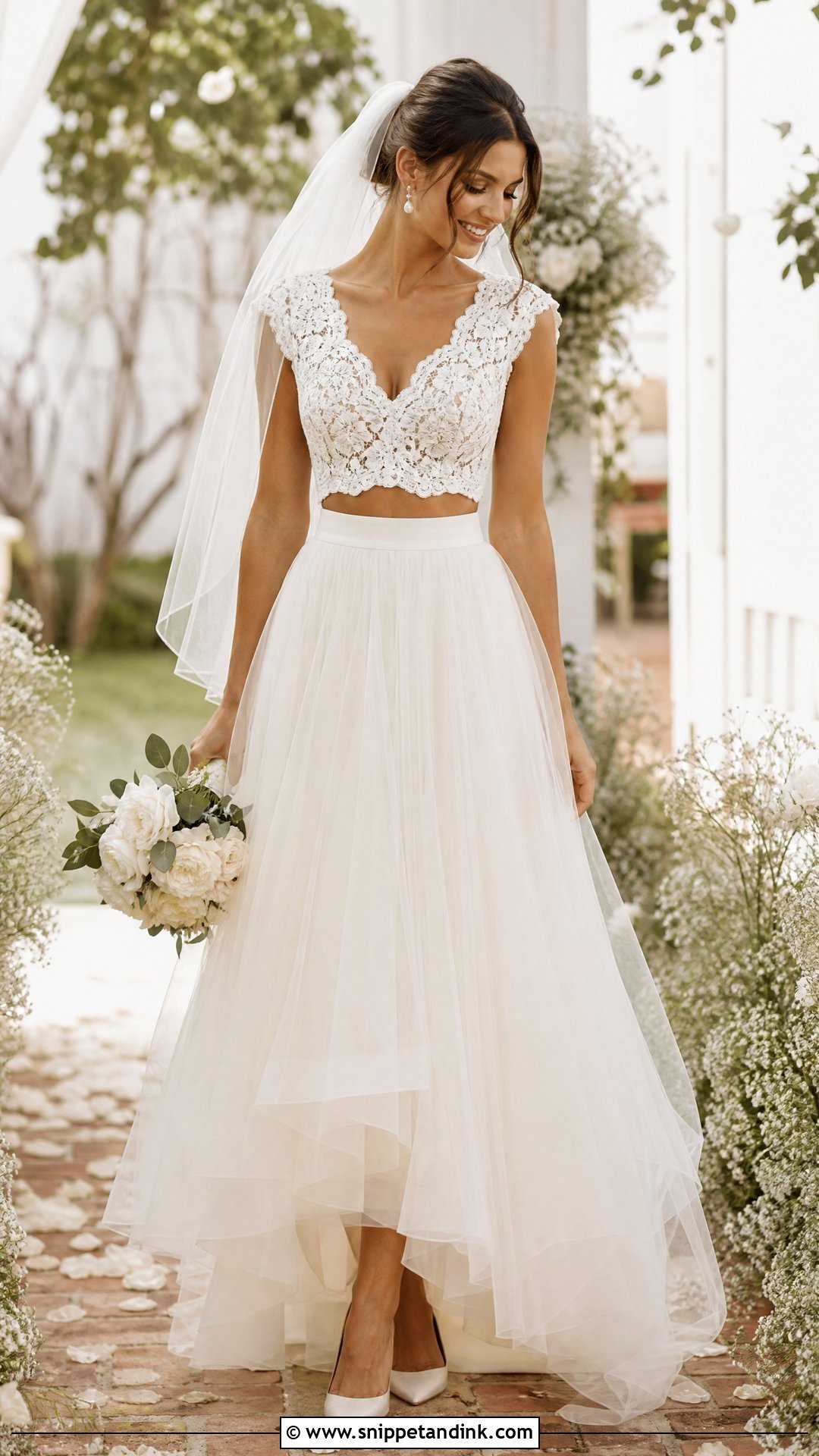 Lace Crop Top And Tulle Skirt Two Piece Wedding Dress - Snippet and Ink - 20 Wedding Two Piece Dress Ideas