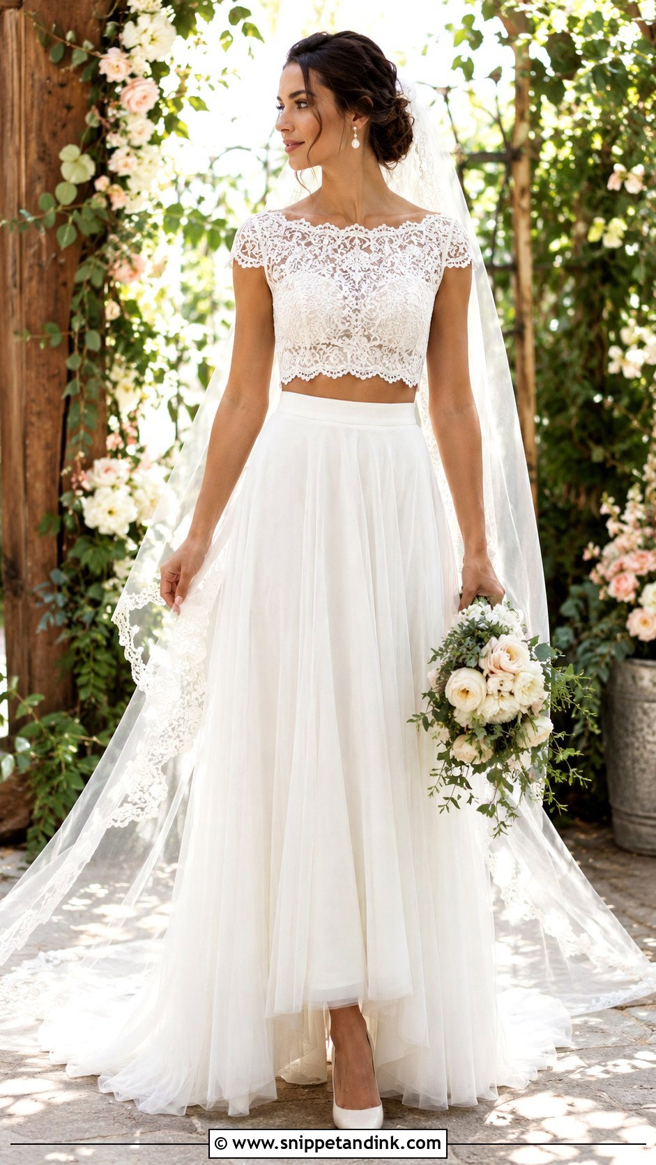 Lace Crop Top Wedding Dress With Tulle Skirt - Snippet and Ink - 20 Crop Top Wedding Dress Ideas