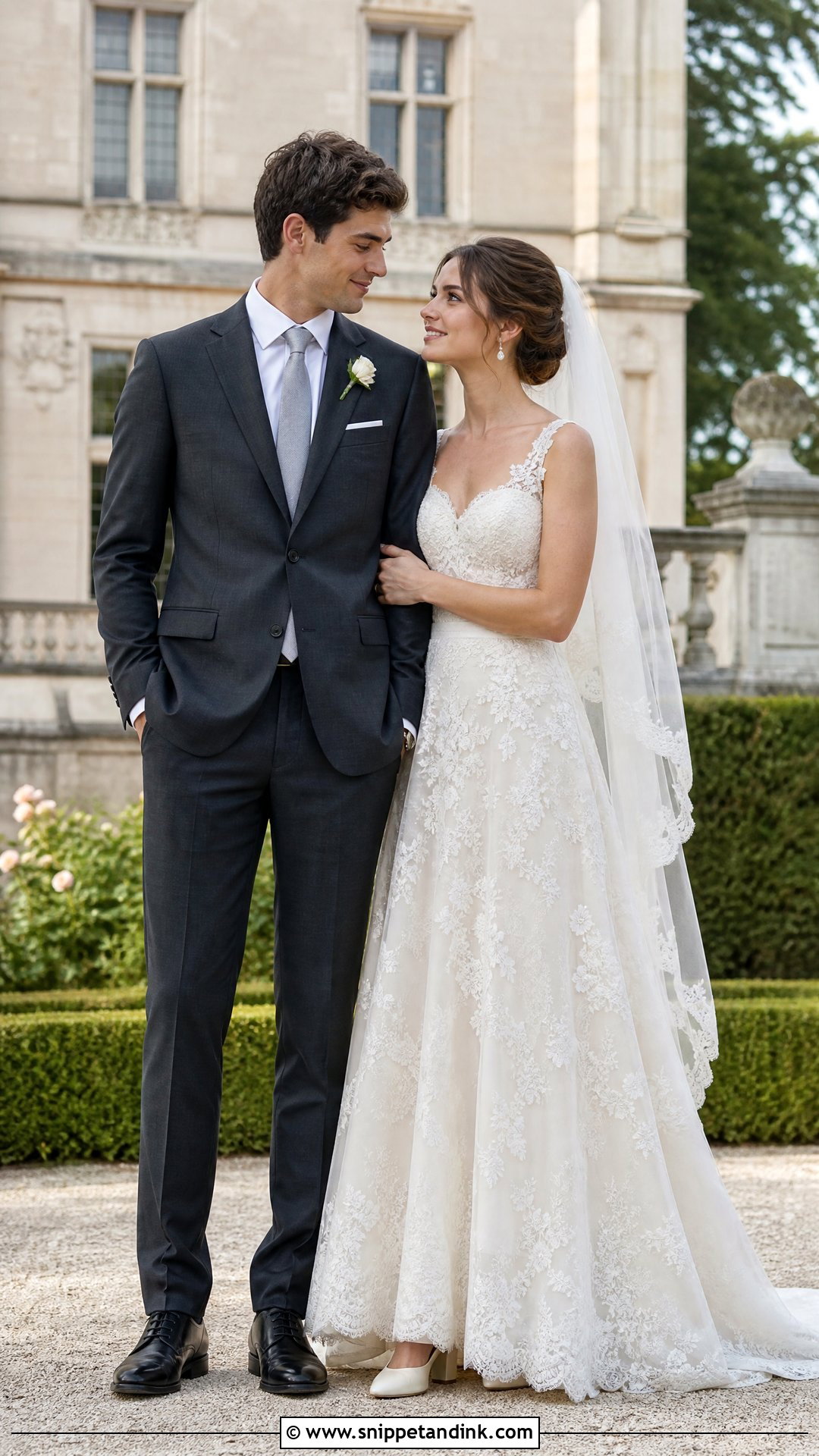 Lace Dress And Charcoal Suit Wedding Outfit - Snippet and Ink - 25 Wedding Outfits for Couples