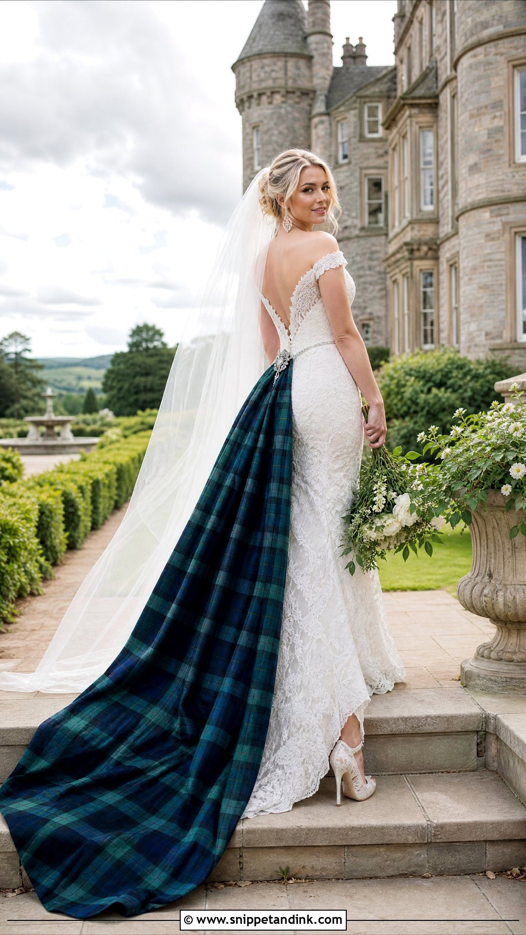 Lace Dress With Tartan Train Scottish Wedding Dress - Snippet and Ink - 20 Scottish Wedding Dresses