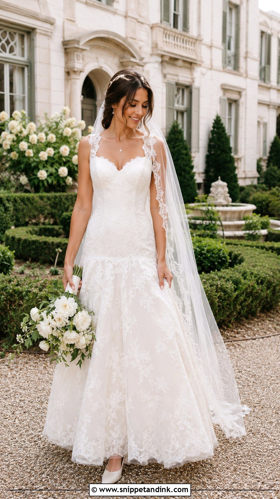 Lace Drop Waist A Line Dress With Fingertip Veil - Snippet and Ink - 20 Low Waist Wedding Dresses