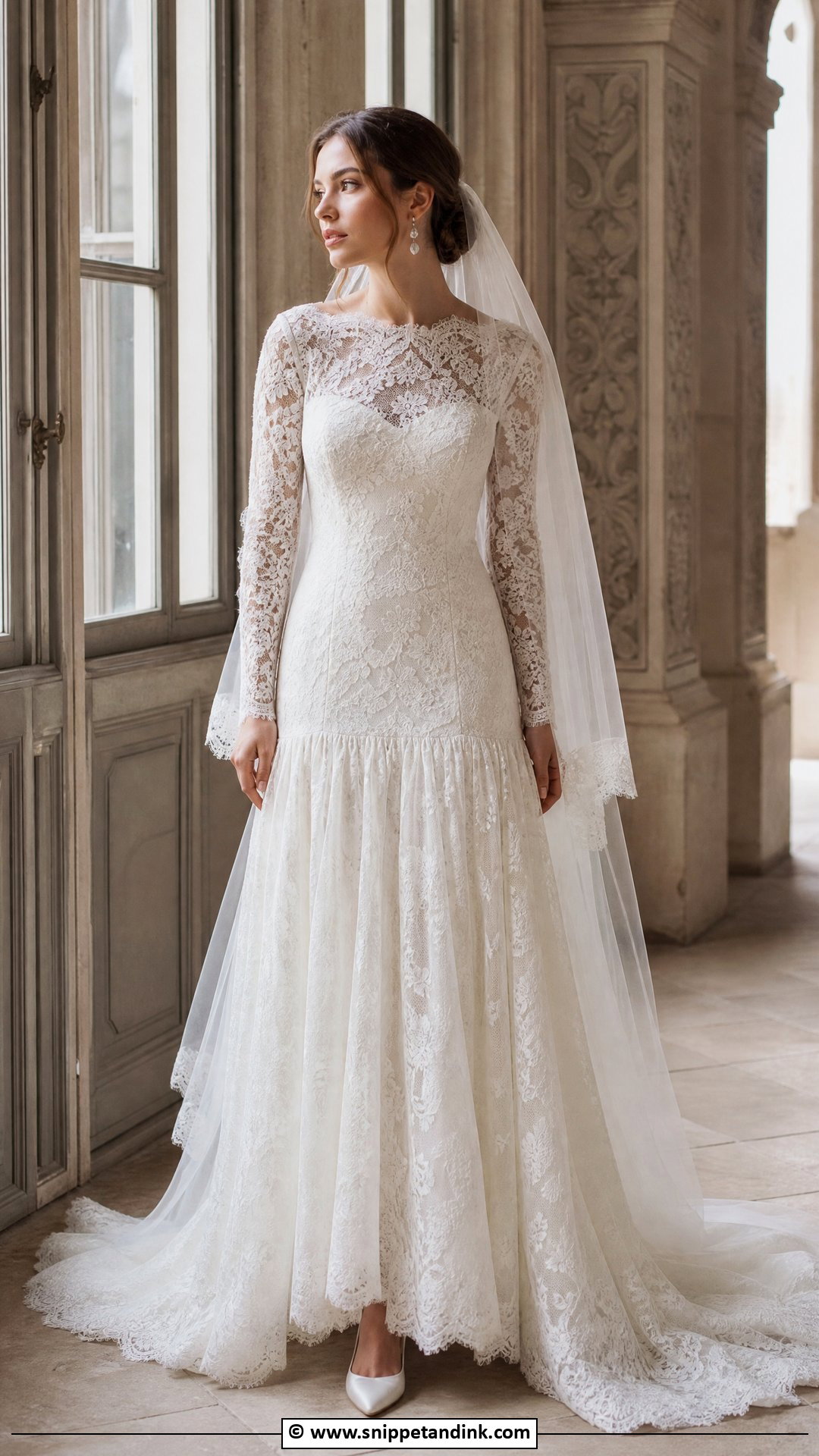 Lace Drop Waist Wedding Dress With Long Sleeves - Snippet and Ink - 35 Drop Waist Wedding Dress Ideas