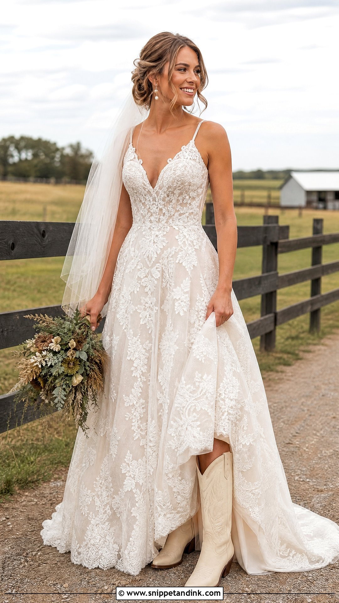 Lace Farm Wedding Dress With Cowboy Boots - Snippet and Ink - 25 Farm Wedding Dress Ideas