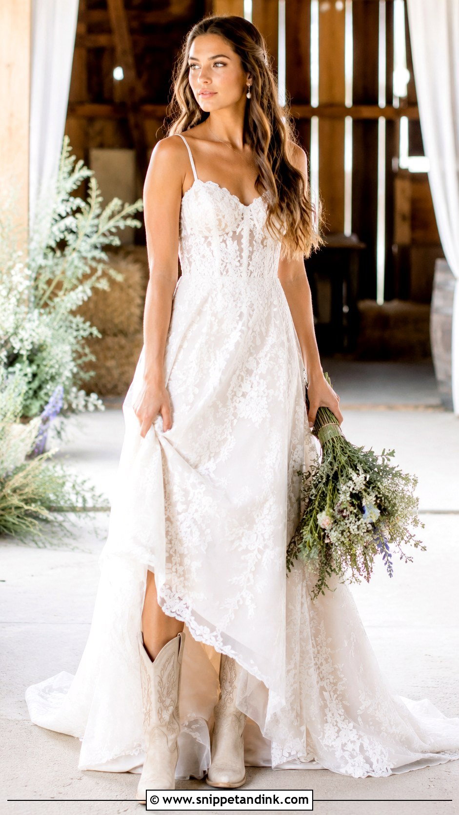 Lace Farmhouse Wedding Dress With Cowboy Boots - Snippet and Ink - 25 Farmhouse Wedding Dress Ideas