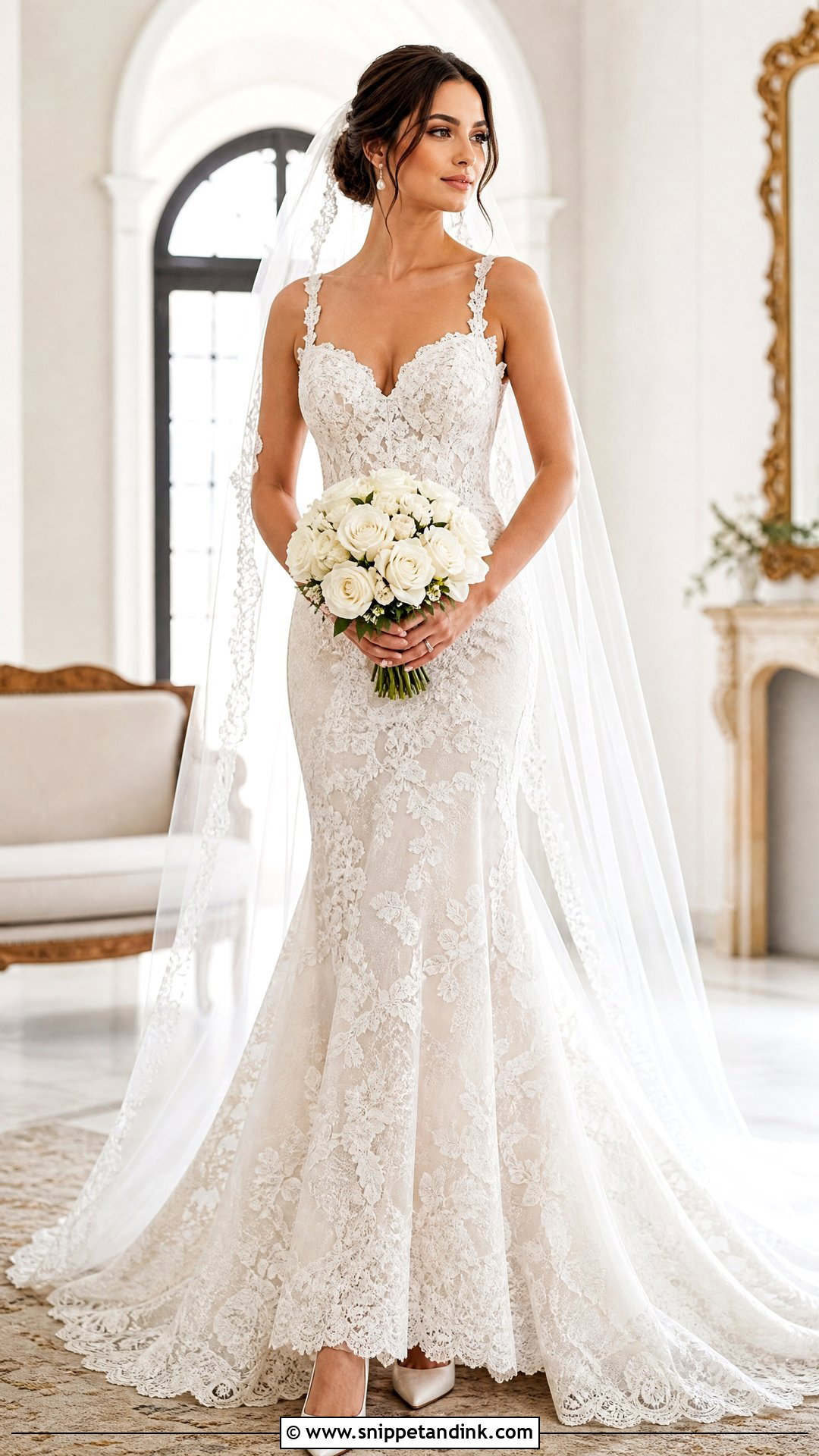 Lace Fit And Flare Wedding Dress With Cathedral Veil - Snippet and Ink - 20 Flare Wedding Dress Ideas