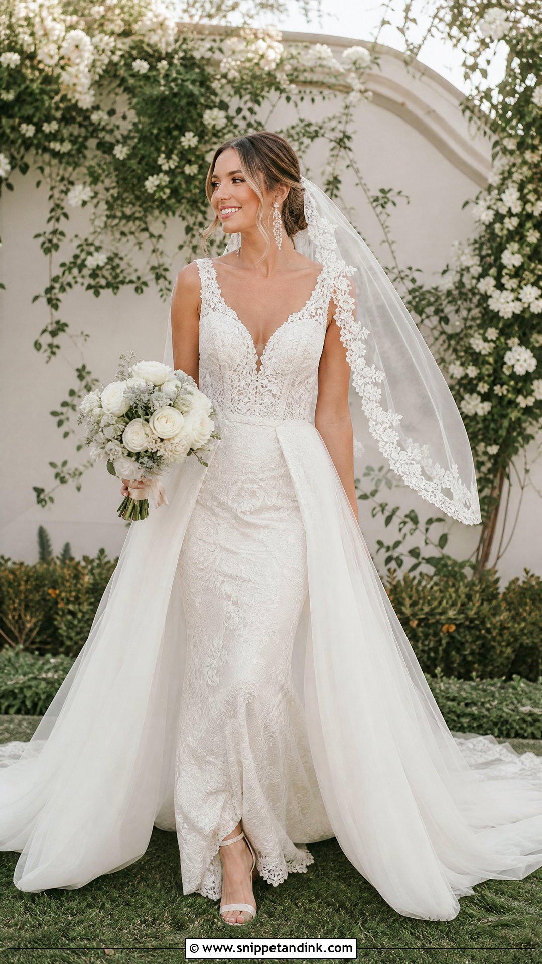 Lace Fit And Flare Wedding Dress With Tulle Overskirt - Snippet and Ink - 20 Wedding Dress Detachable Skirt Ideas
