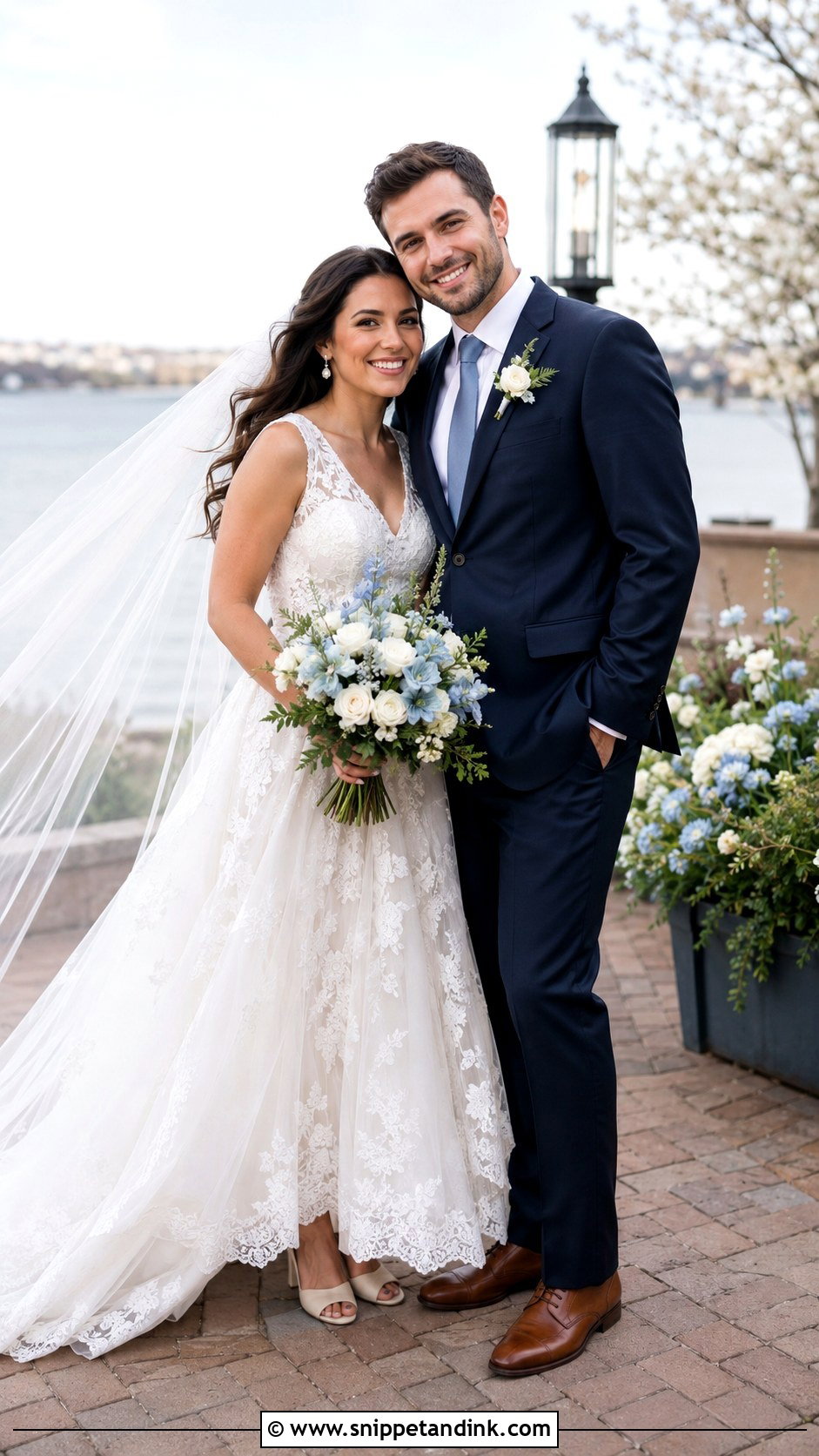 Lace Gown And Navy Suit Bridal Couple Outfit - Snippet and Ink - 20 Bridal Couple Ideas