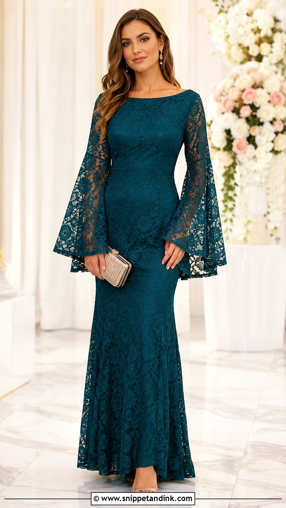 Lace Gown With Bell Sleeves Outfit - Snippet and Ink - 25 Sample Lace Gown Styles