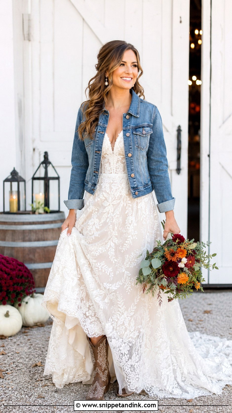 Lace Gown With Denim Jacket Boho Country Wedding Dress - Snippet and Ink - 20 Boho Country Wedding Dress Ideas