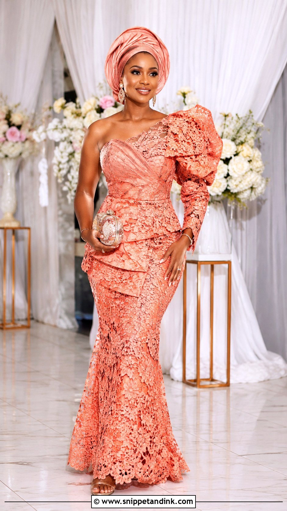Lace Gown With Matching Headwrap Outfit - Snippet and Ink - 25 Sample Lace Gown Styles