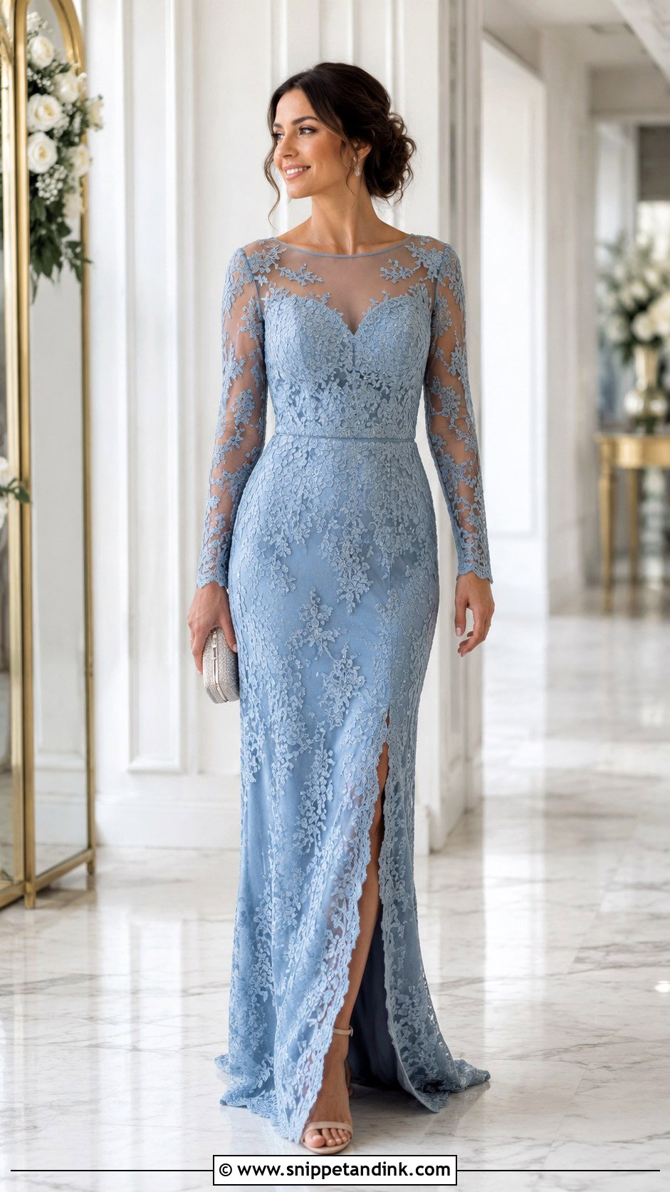 Lace Gown With Sheer Sleeves Outfit - Snippet and Ink - 25 Sample Lace Gown Styles